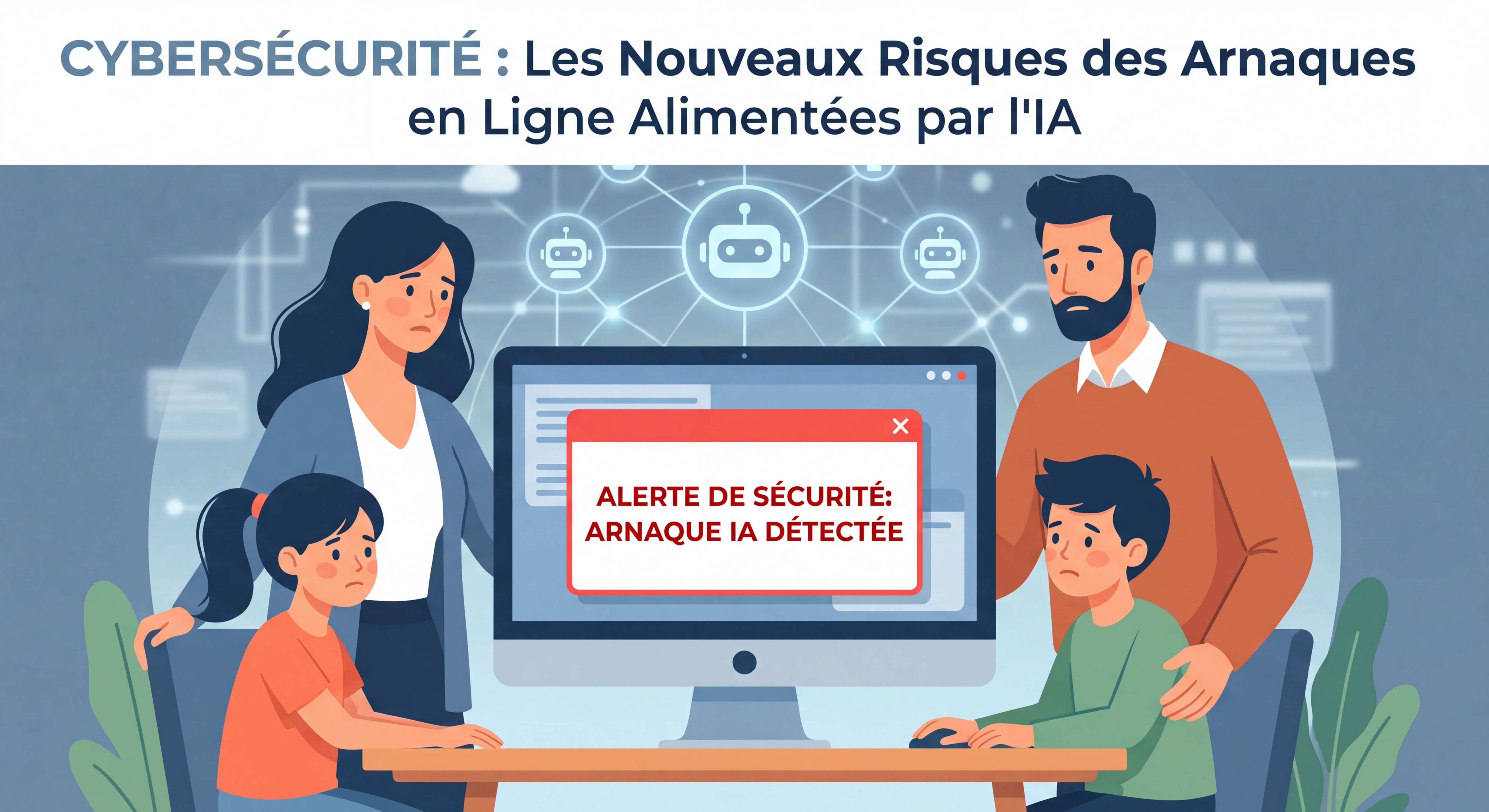 Famille française devant un écran d'ordinateur avec une alerte de sécurité en arrière-plan, illustrant les risques d'arnaques en ligne alimentées par l'intelligence artificielle