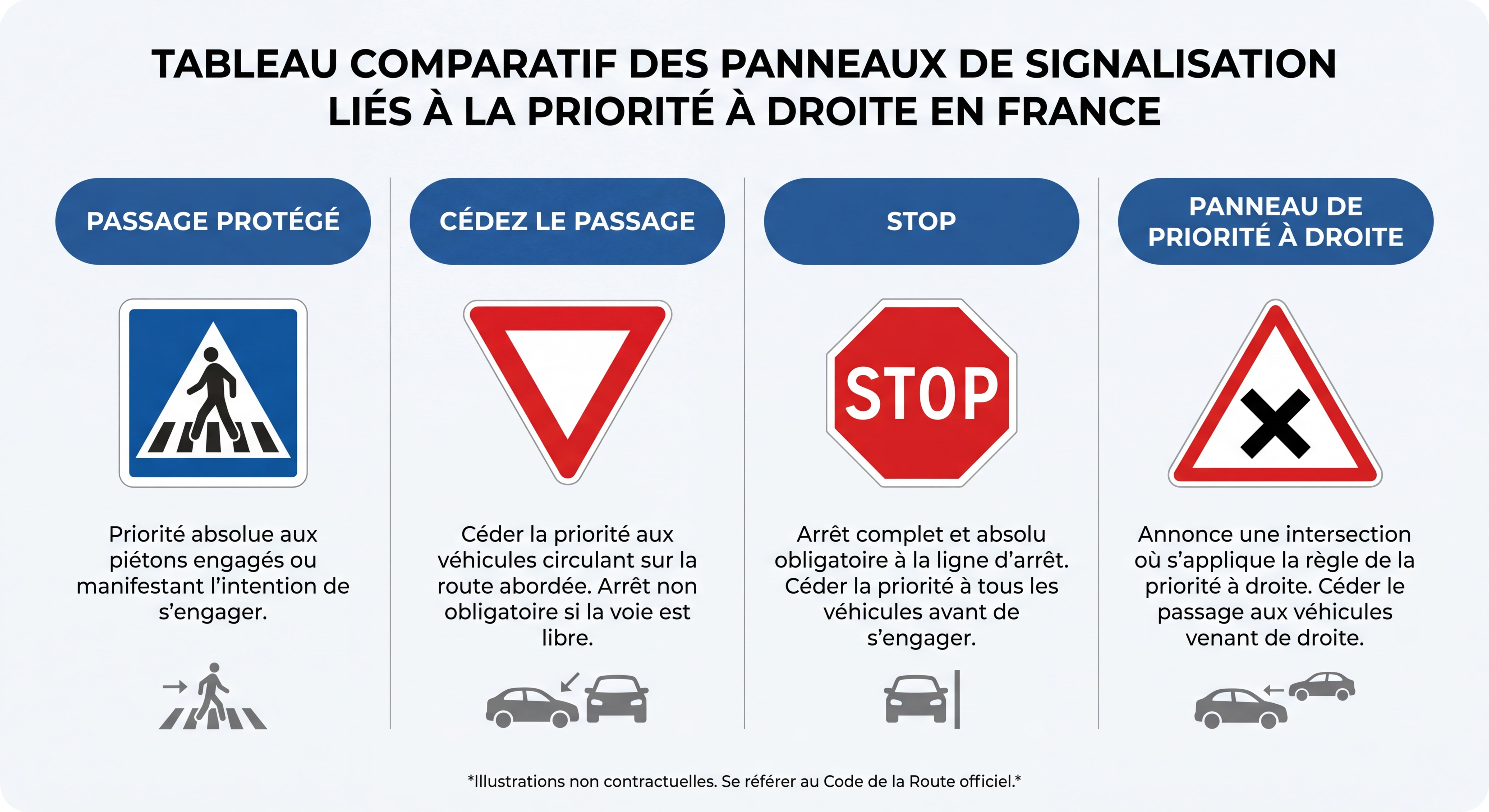 Tableau comparatif des panneaux de signalisation liés à la priorité à droite en France : passage protégé, cédez le passage, stop, panneau de priorité à droite