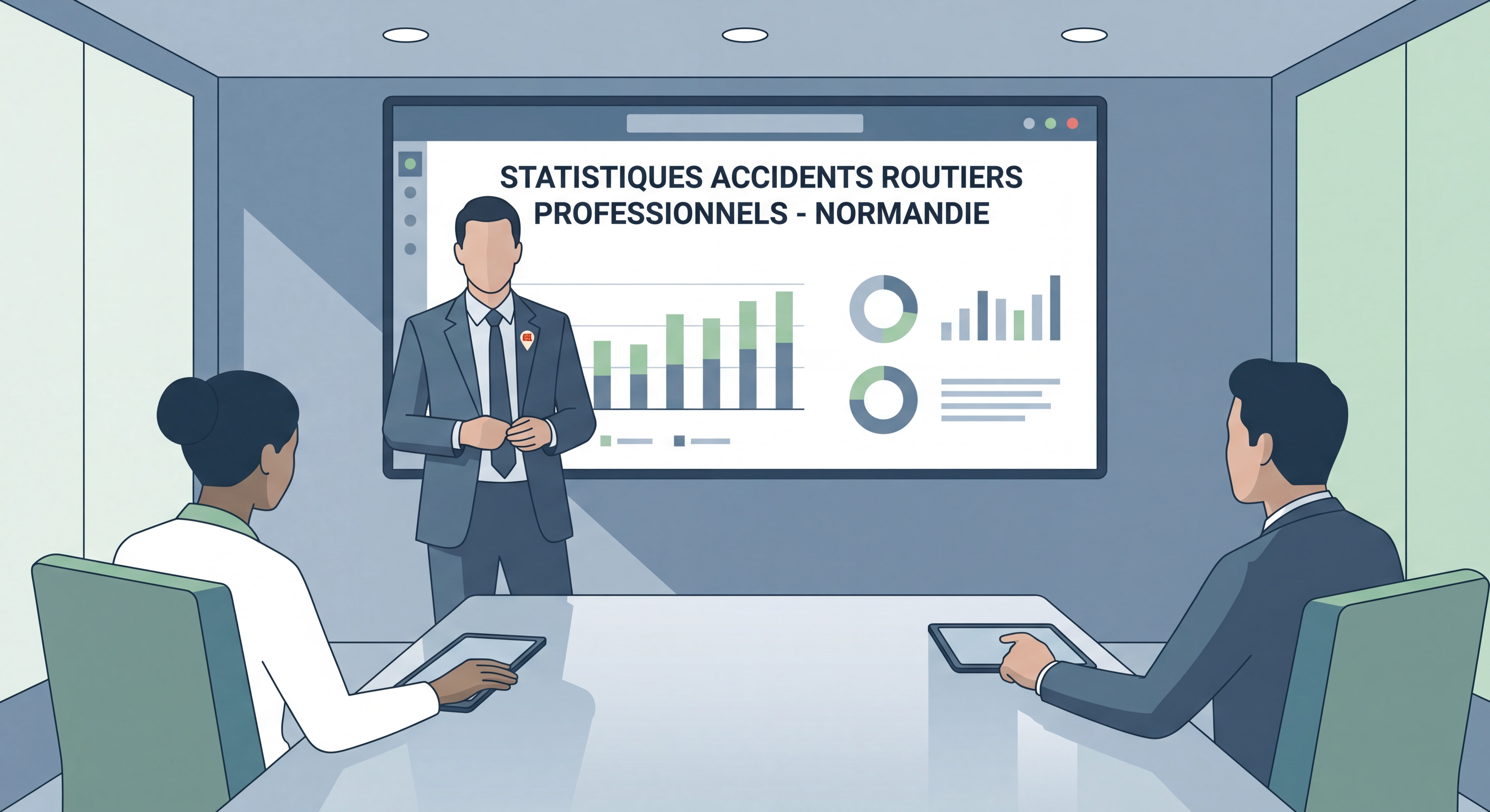 Dirigeant d'entreprise normand analysant des statistiques d'accidents routiers professionnels en salle de réunion