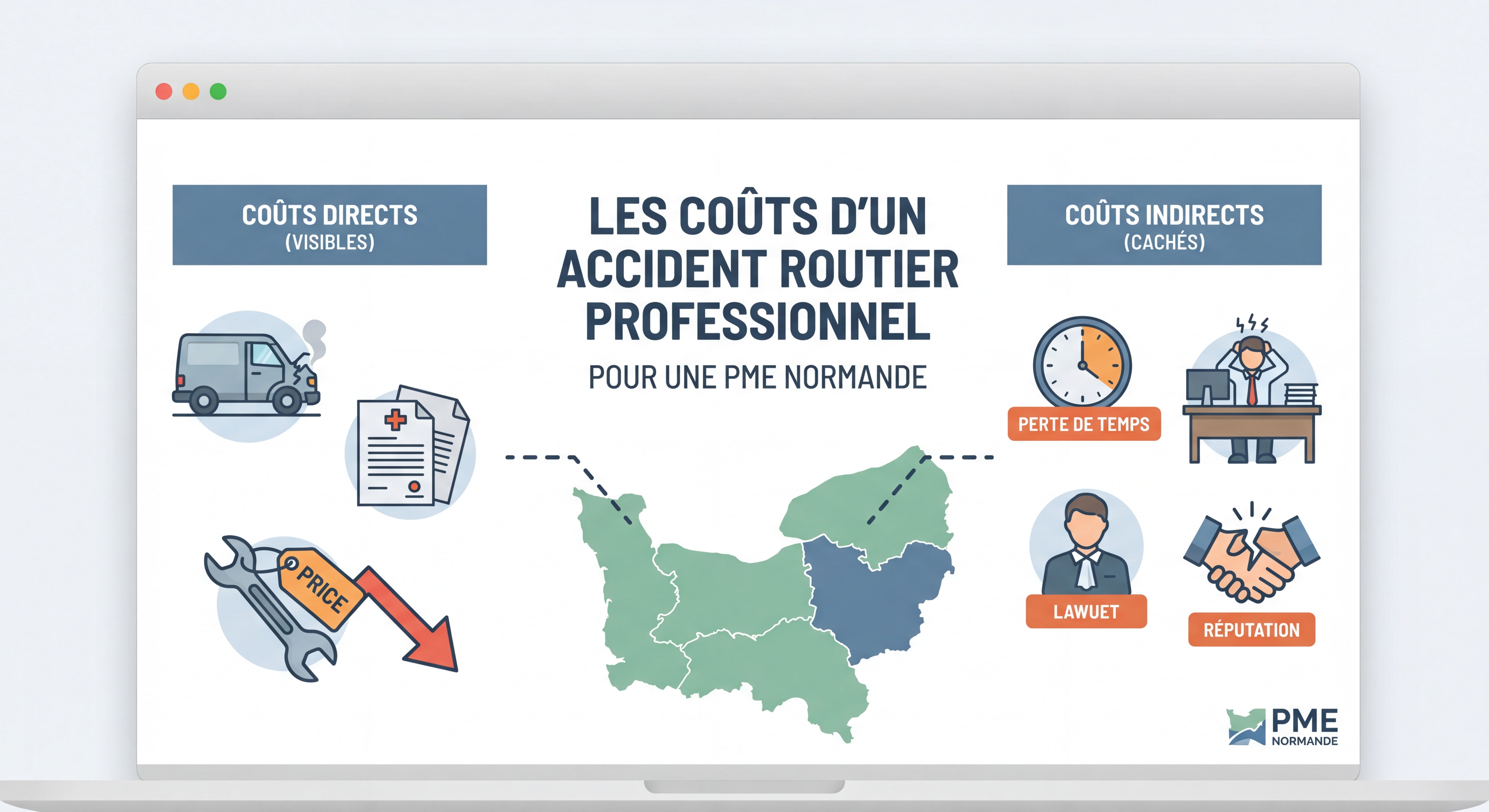 Illustration des coûts directs et indirects d'un accident routier professionnel pour une PME normande