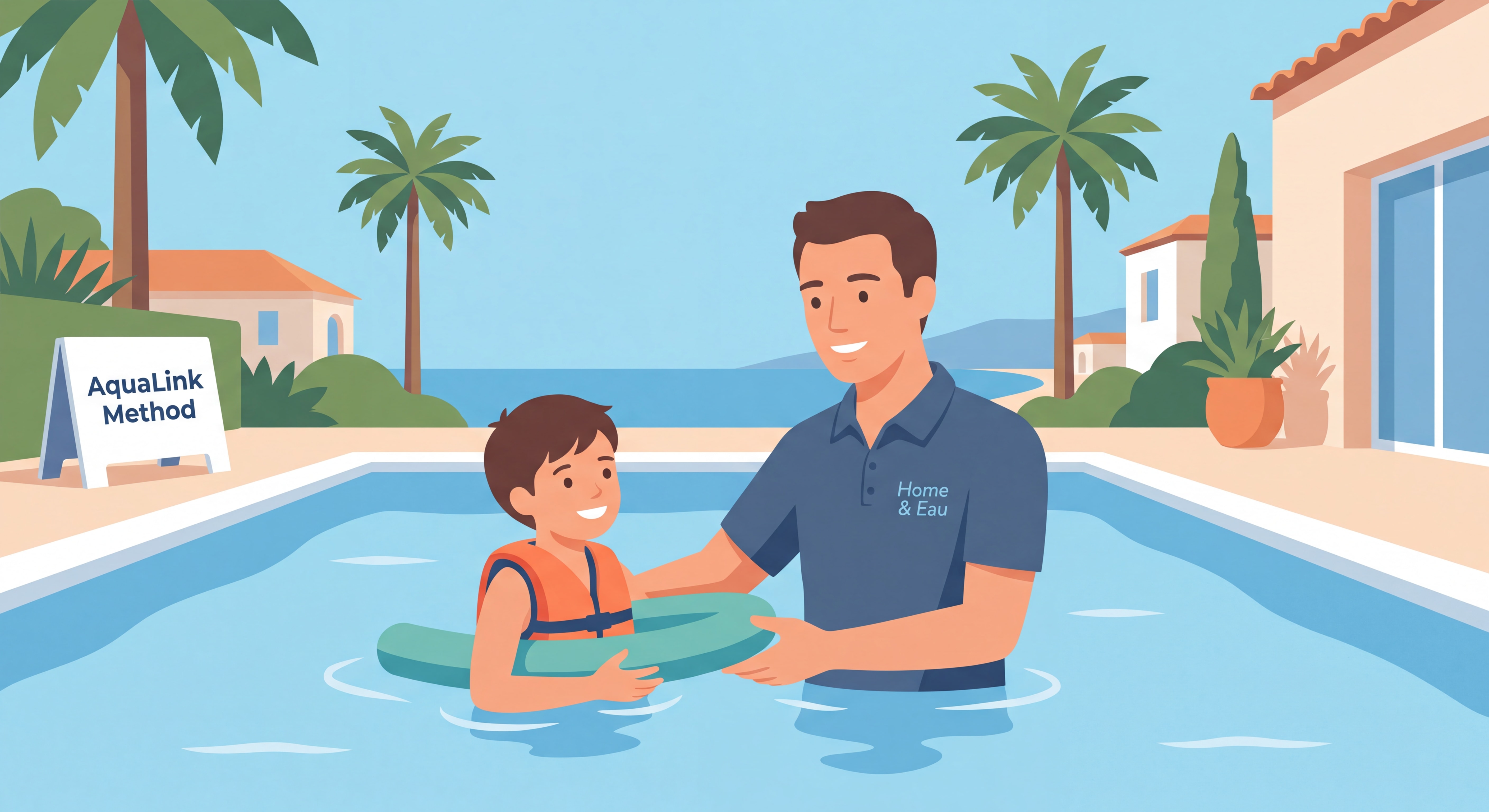 Enfant apprenant à nager en sécurité dans une piscine privée à Nice avec un maître-nageur certifié Home & Eau, méthode AquaLink