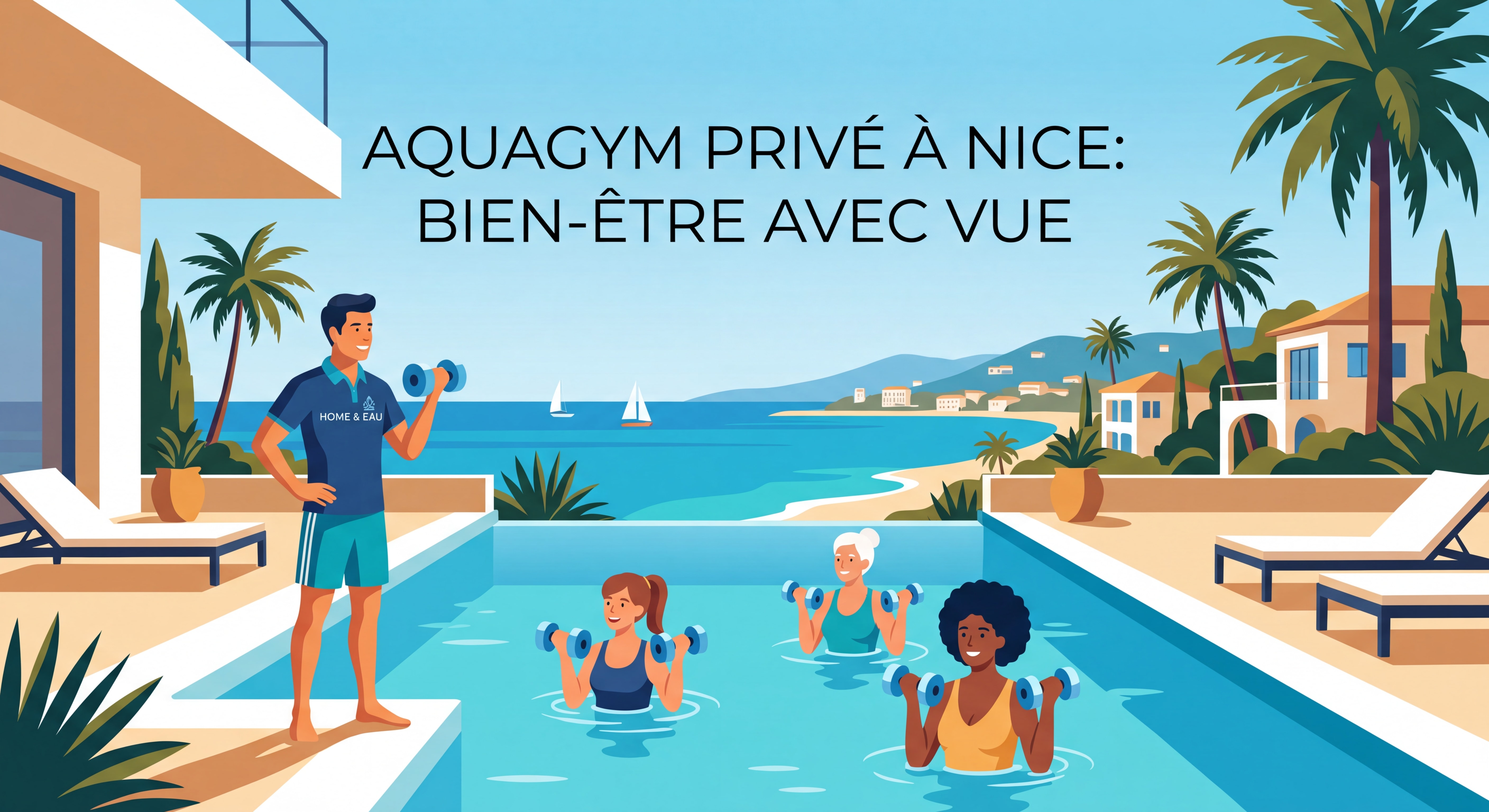 Séance d'aquagym dans une piscine privée à Nice avec vue sur la Côte d'Azur, cours animé par un maître-nageur Home & Eau