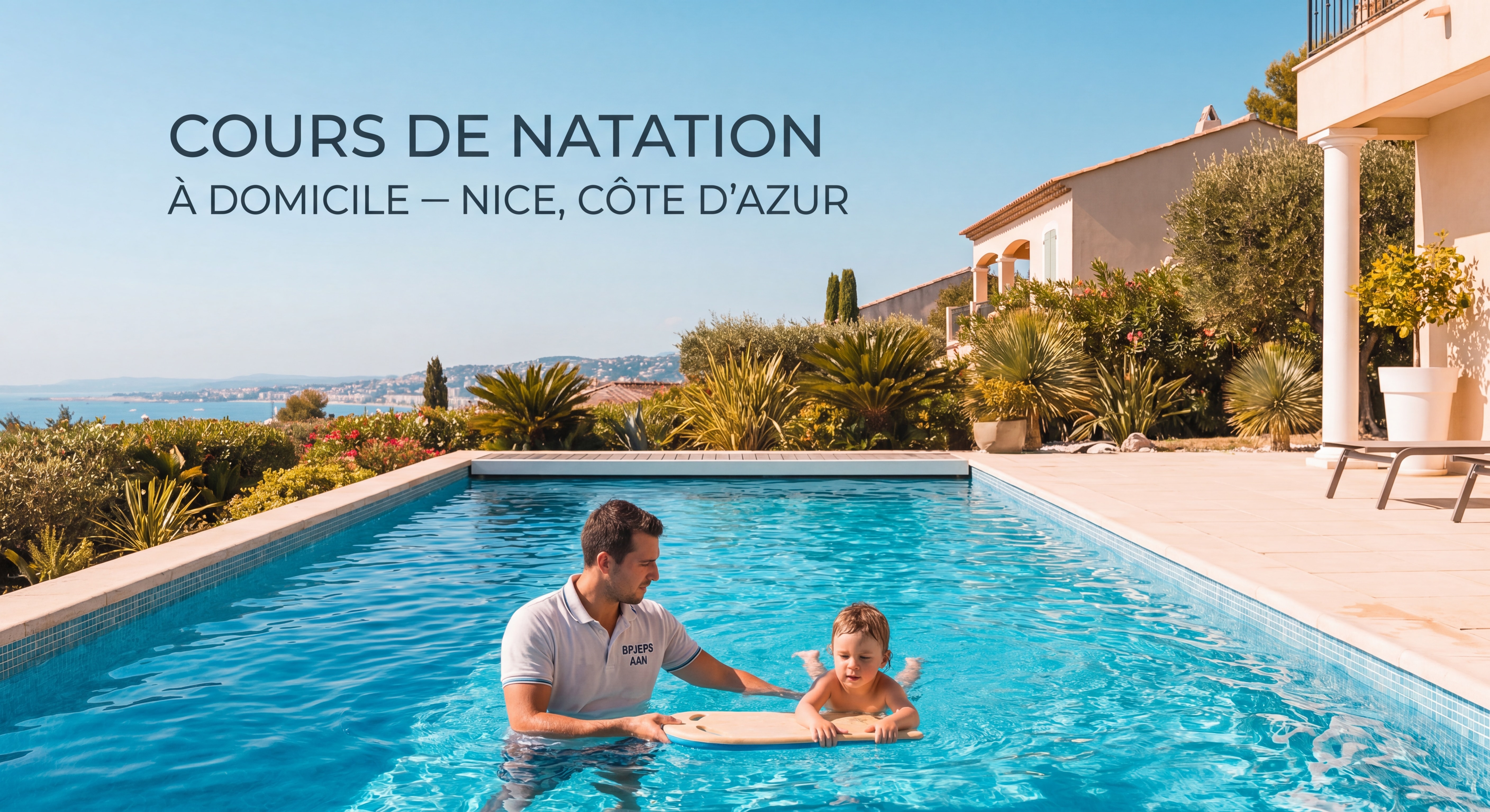 Maître-nageur certifié BPJEPS AAN donnant un cours de natation à domicile dans une piscine privée à Nice, Côte d'Azur