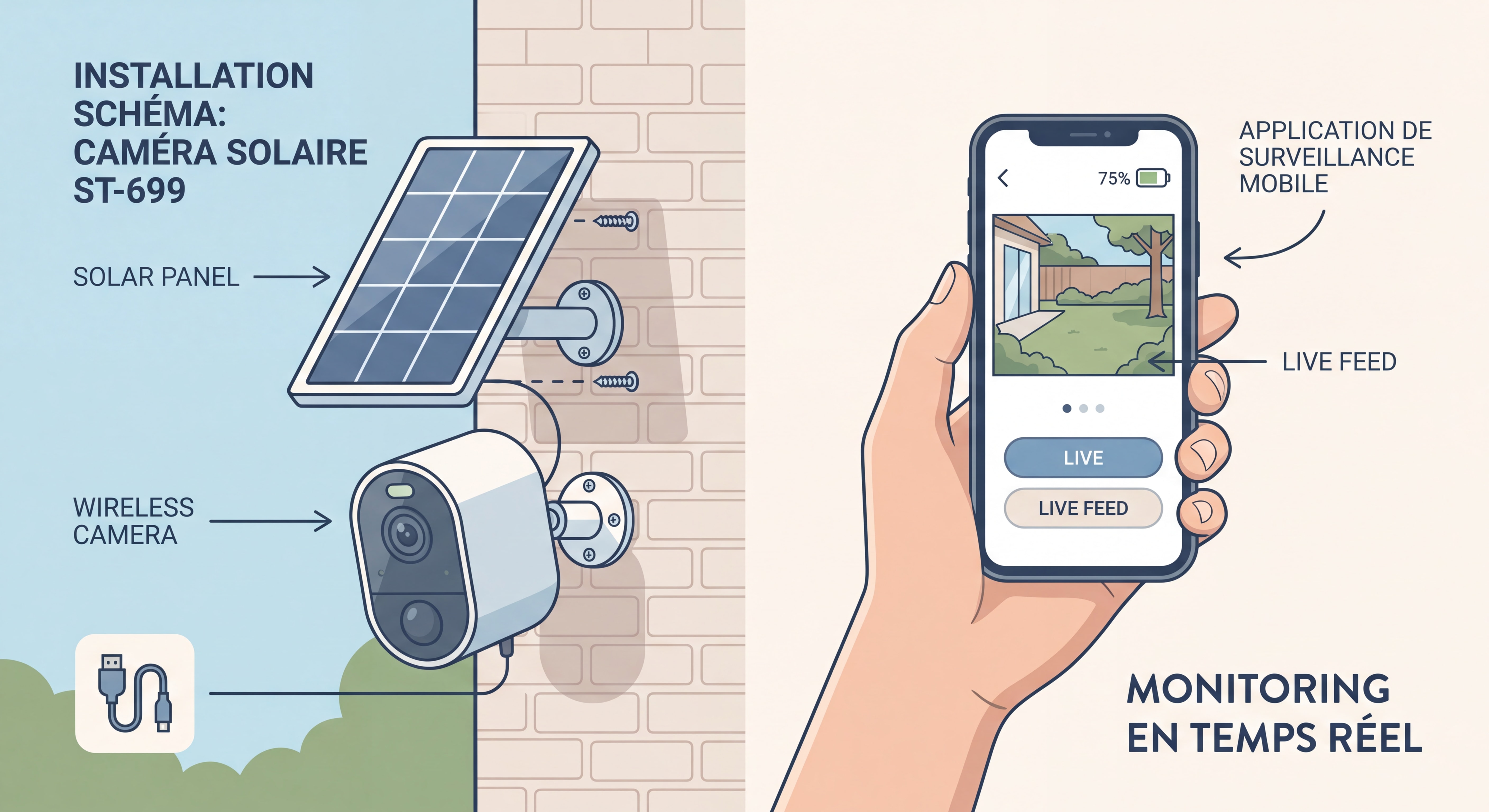 Schéma d'installation de la caméra solaire ST-699 sur mur extérieur avec application mobile de surveillance sur smartphone