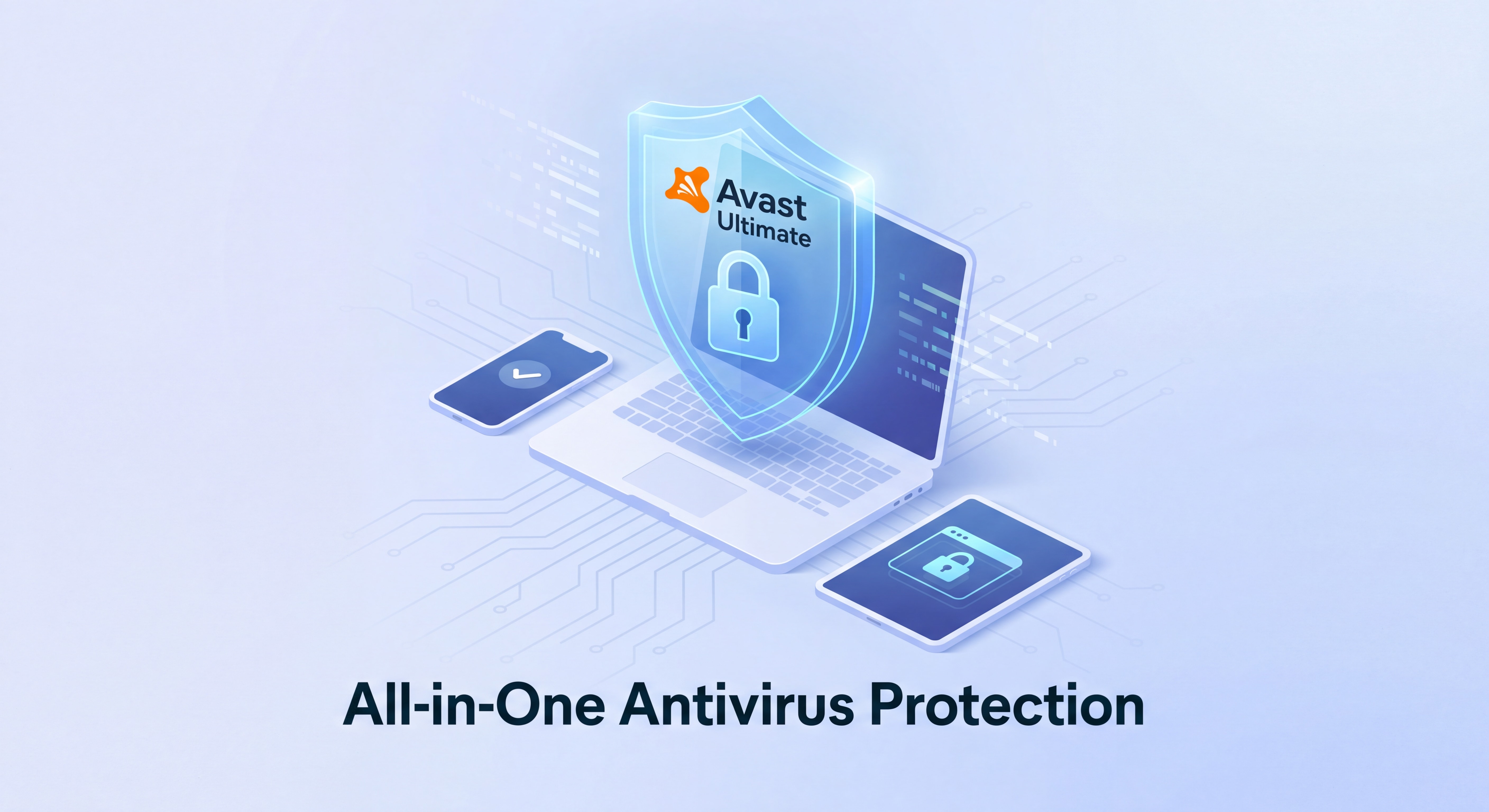 Illustration d'un bouclier numérique protégeant un ordinateur portable, un smartphone et une tablette sur fond bleu sécurisé — antivirus tout-en-un Avast Ultimate