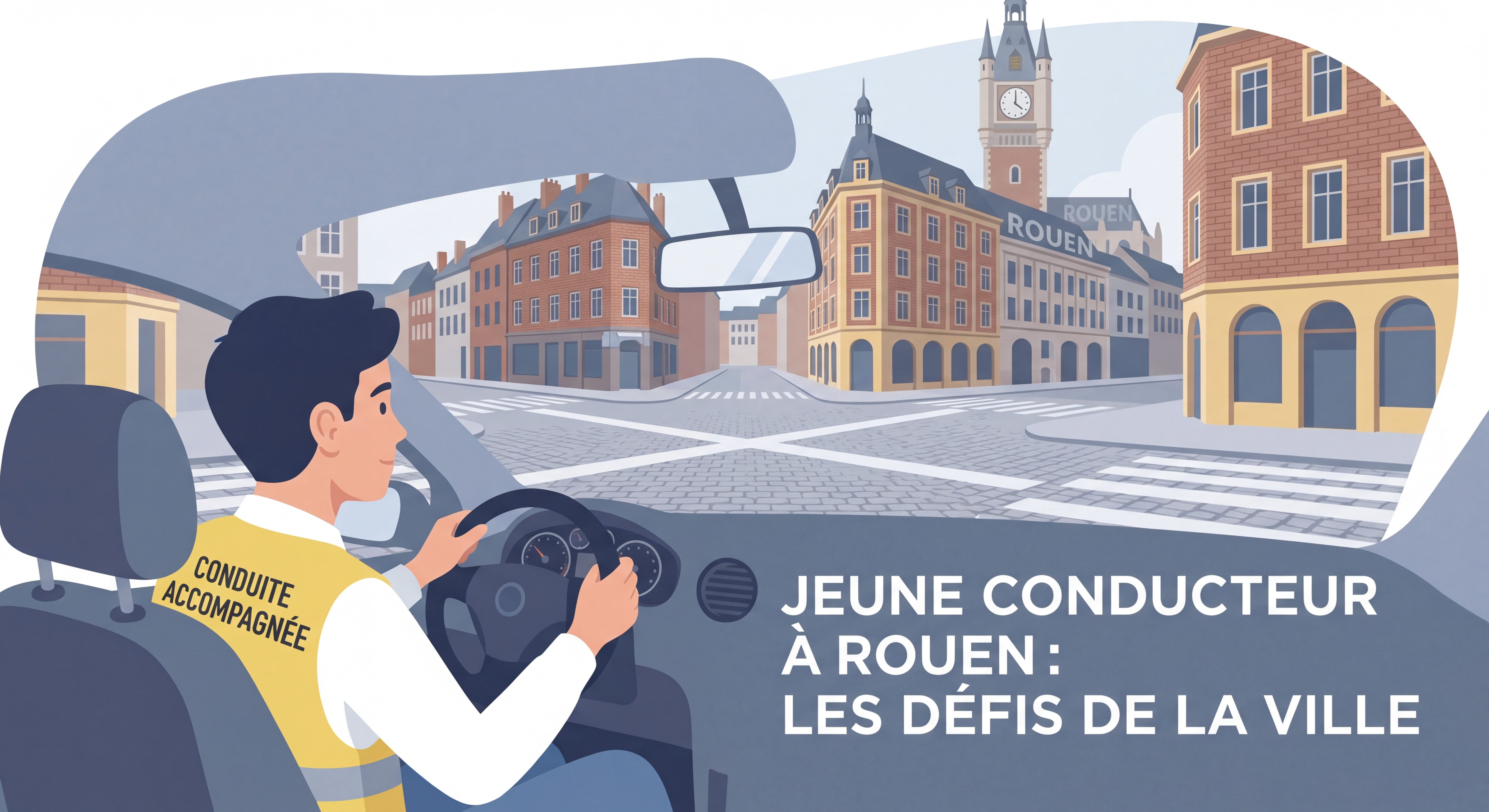 Jeune conducteur apprenti au volant d'une voiture en ville, regardant une intersection sans signalisation à Rouen