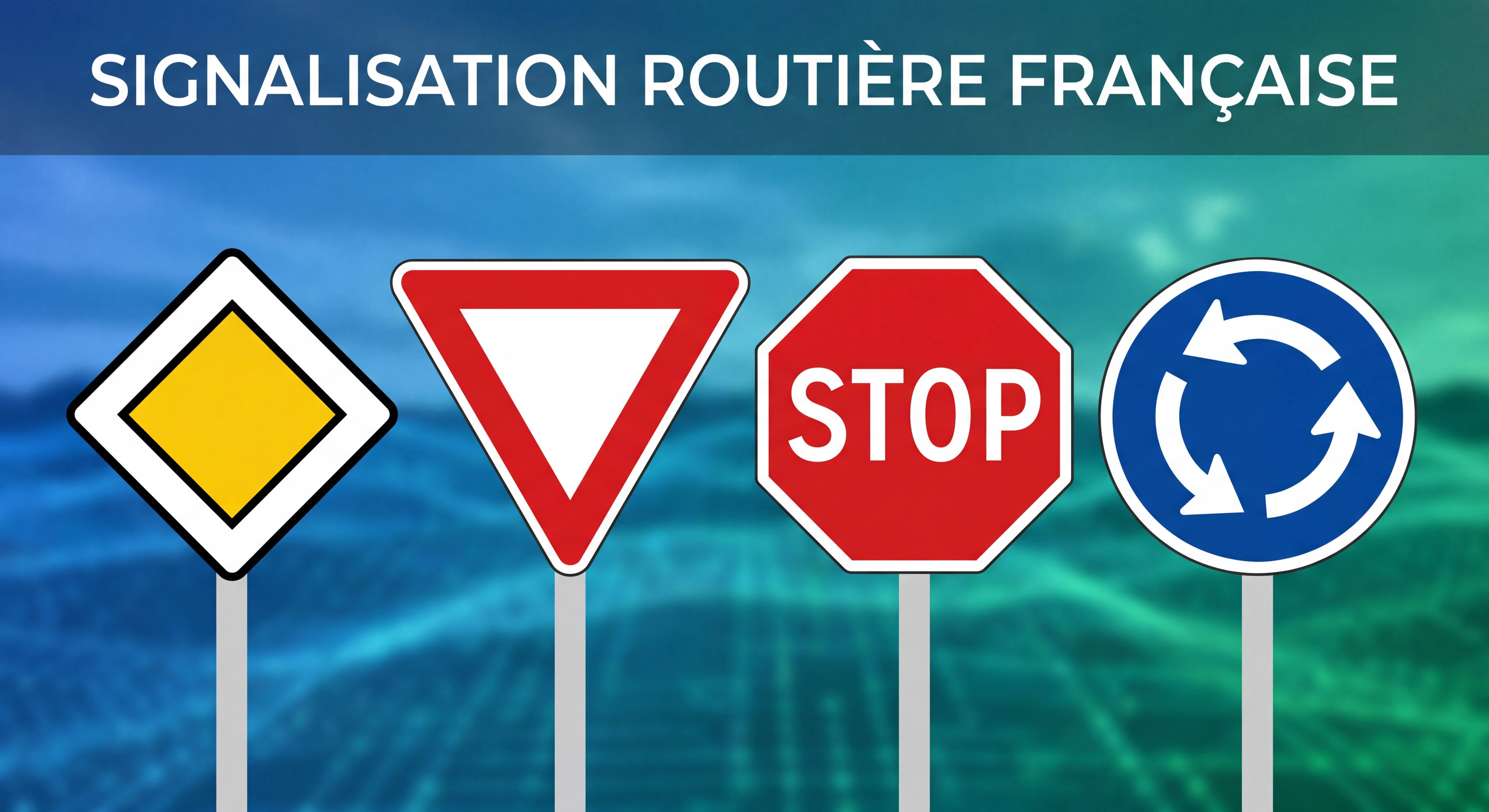 Panneaux de signalisation routière française : route prioritaire losange jaune, cédez le passage, stop, et panneau de giratoire