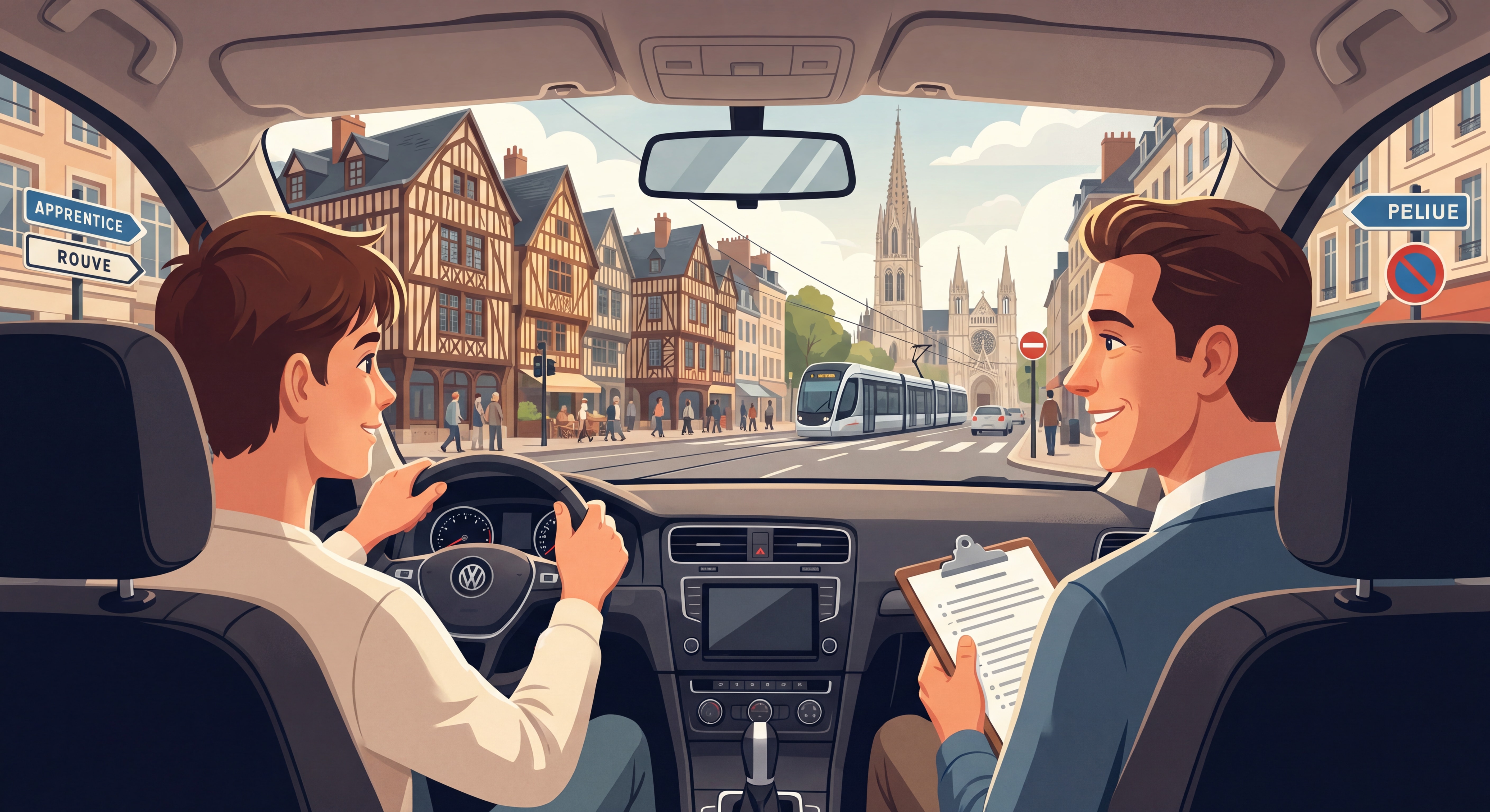 Vue depuis l'intérieur d'une voiture d'une intersection urbaine à Rouen avec un apprenti conducteur et son moniteur en leçon de conduite