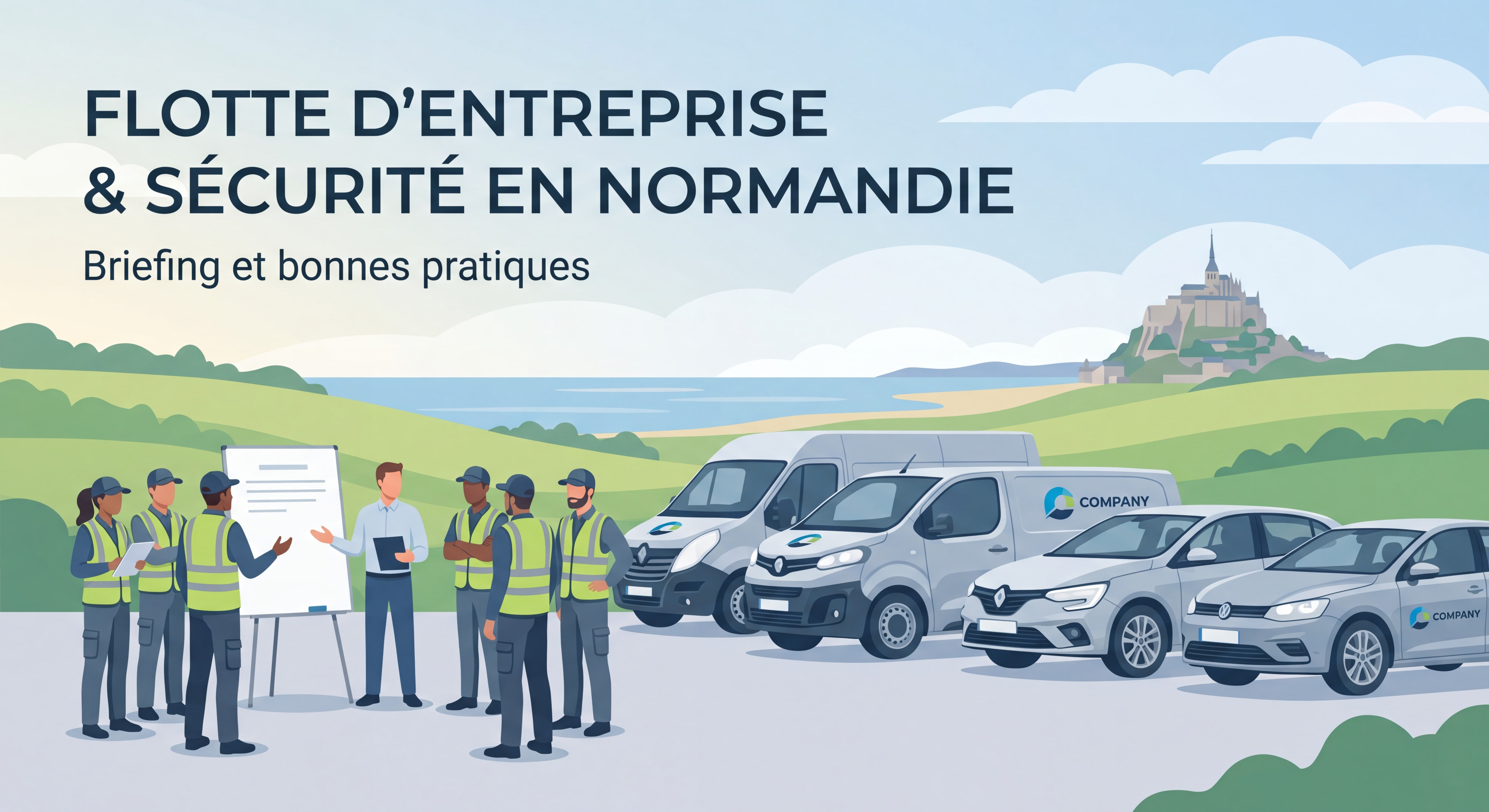 Flotte de véhicules d'entreprise en Normandie avec conducteurs recevant des consignes de sécurité routière