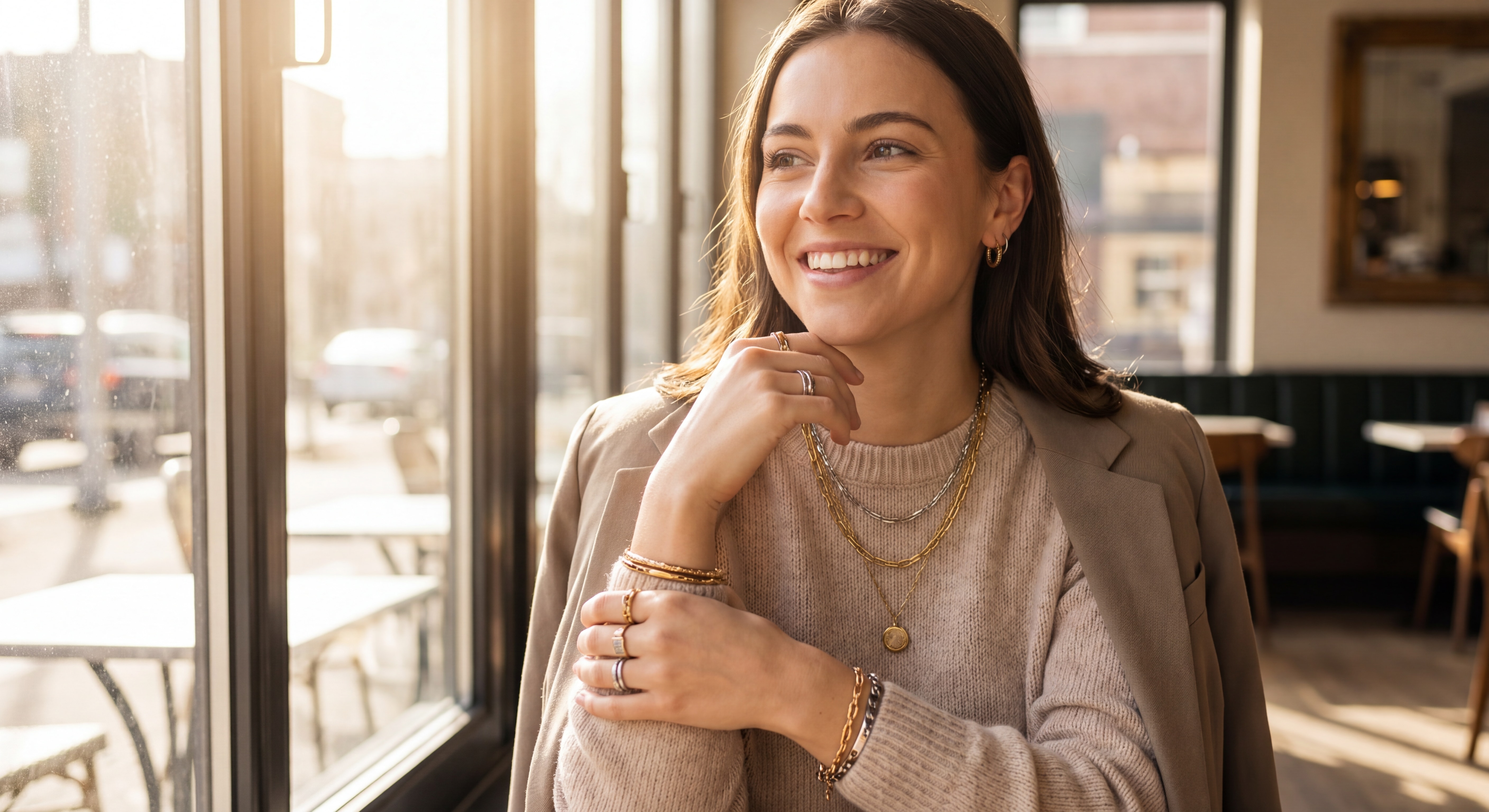 Femme portant des bijoux en acier inoxydable dorés et argentés à la lumière naturelle, ambiance lifestyle chaleureuse et moderne, sourire naturel, tenue casual chic