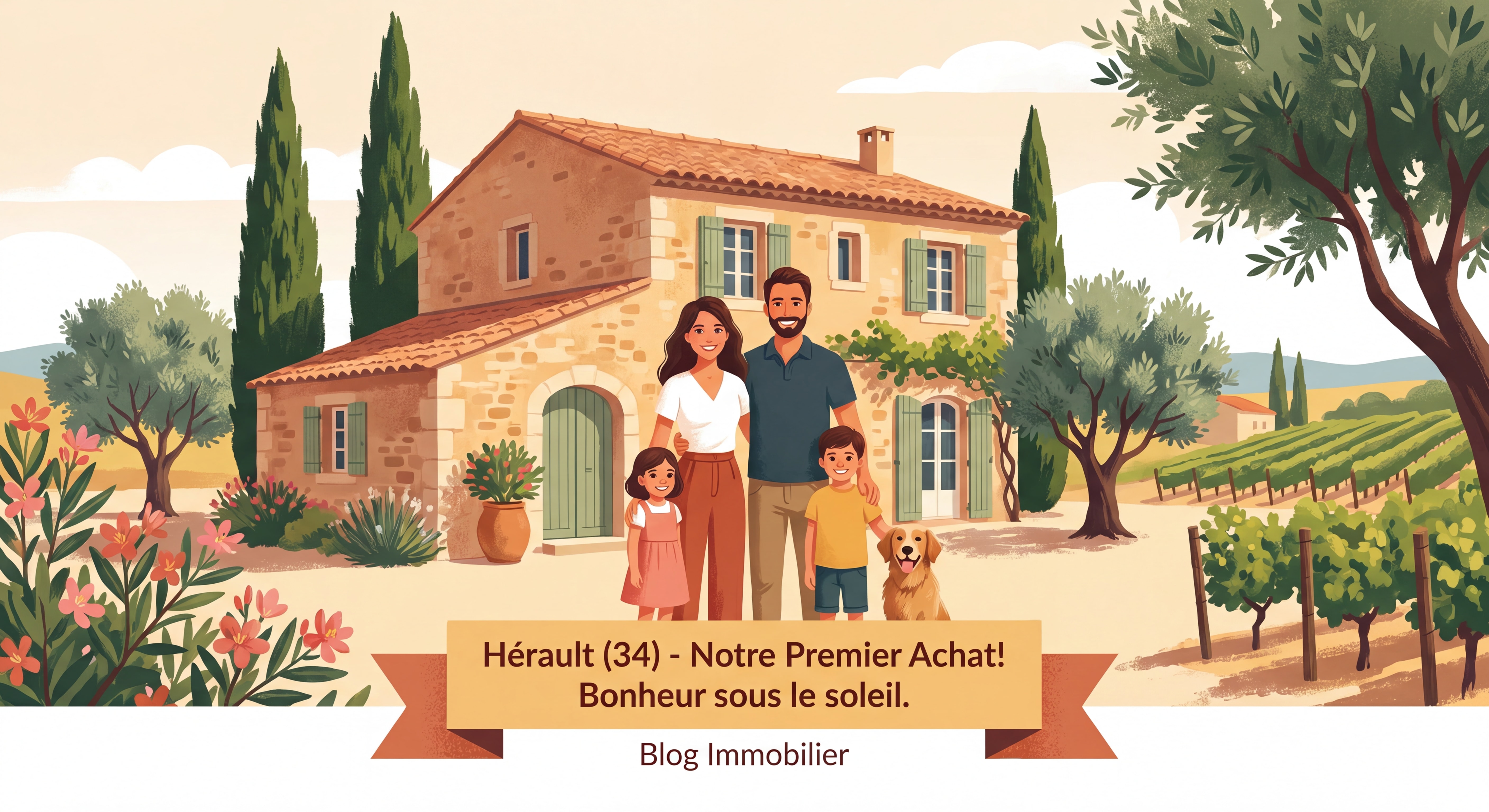 Famille souriante devant une maison ensoleillée dans l'Hérault, entourée de verdure méditerranéenne, illustrant le bonheur d'un premier achat immobilier dans le département 34