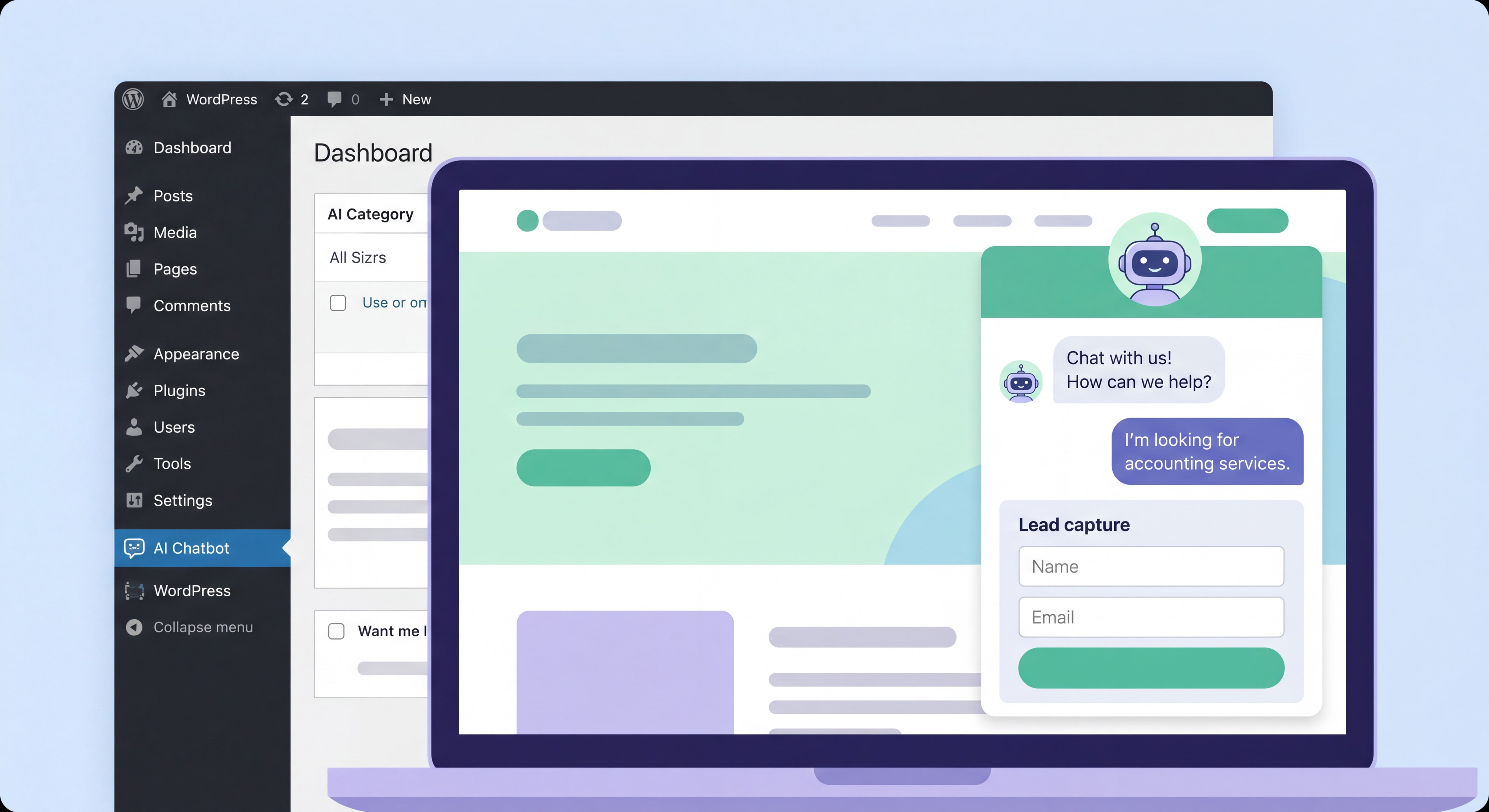 WordPress AI chatbot plugin interface showing lead capture form and conversation flow on small business website