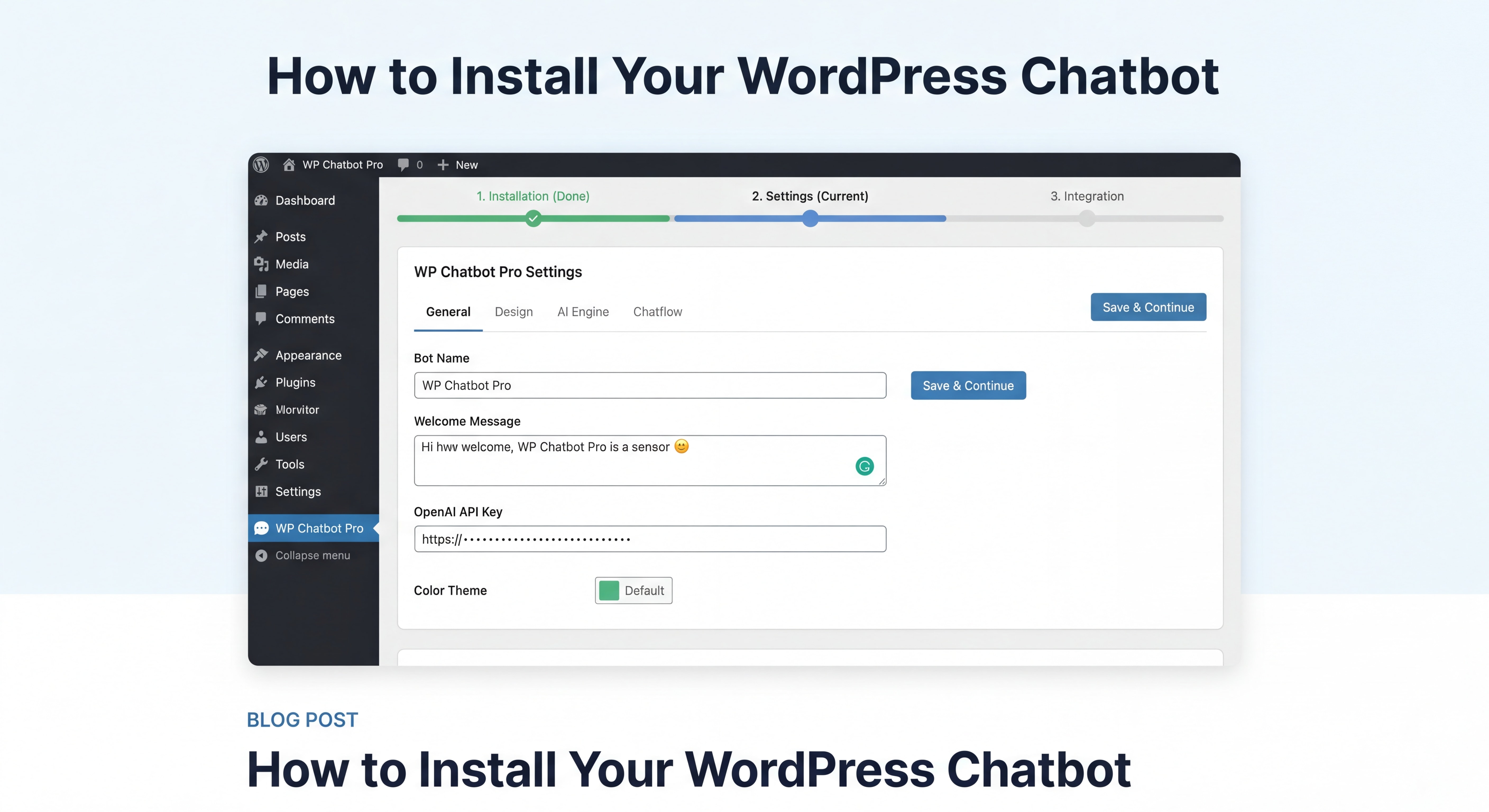 Step-by-step WordPress chatbot plugin installation dashboard screenshot showing plugin settings panel