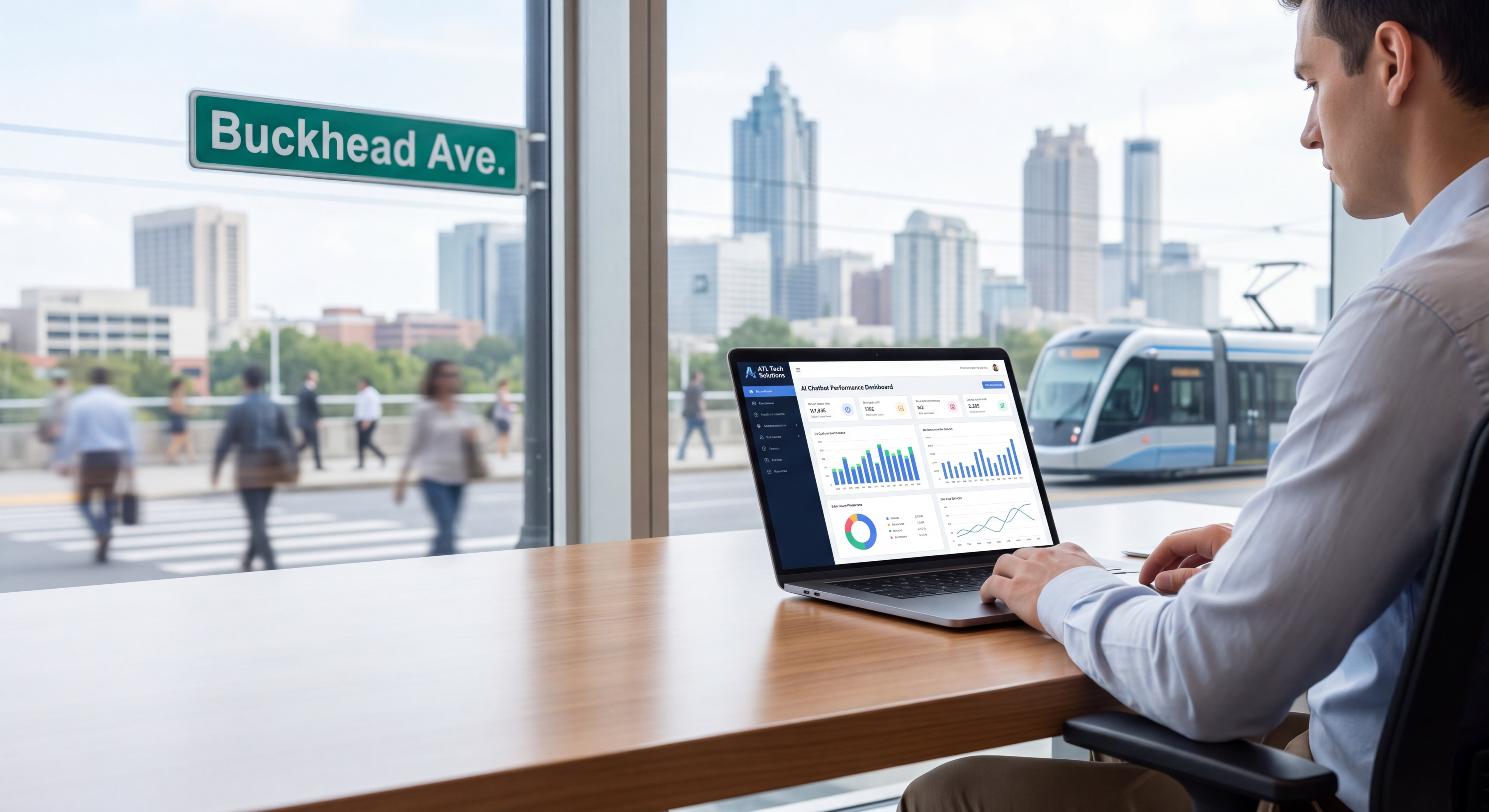 Atlanta small business owner reviewing AI chatbot dashboard on laptop in Buckhead office 2026
