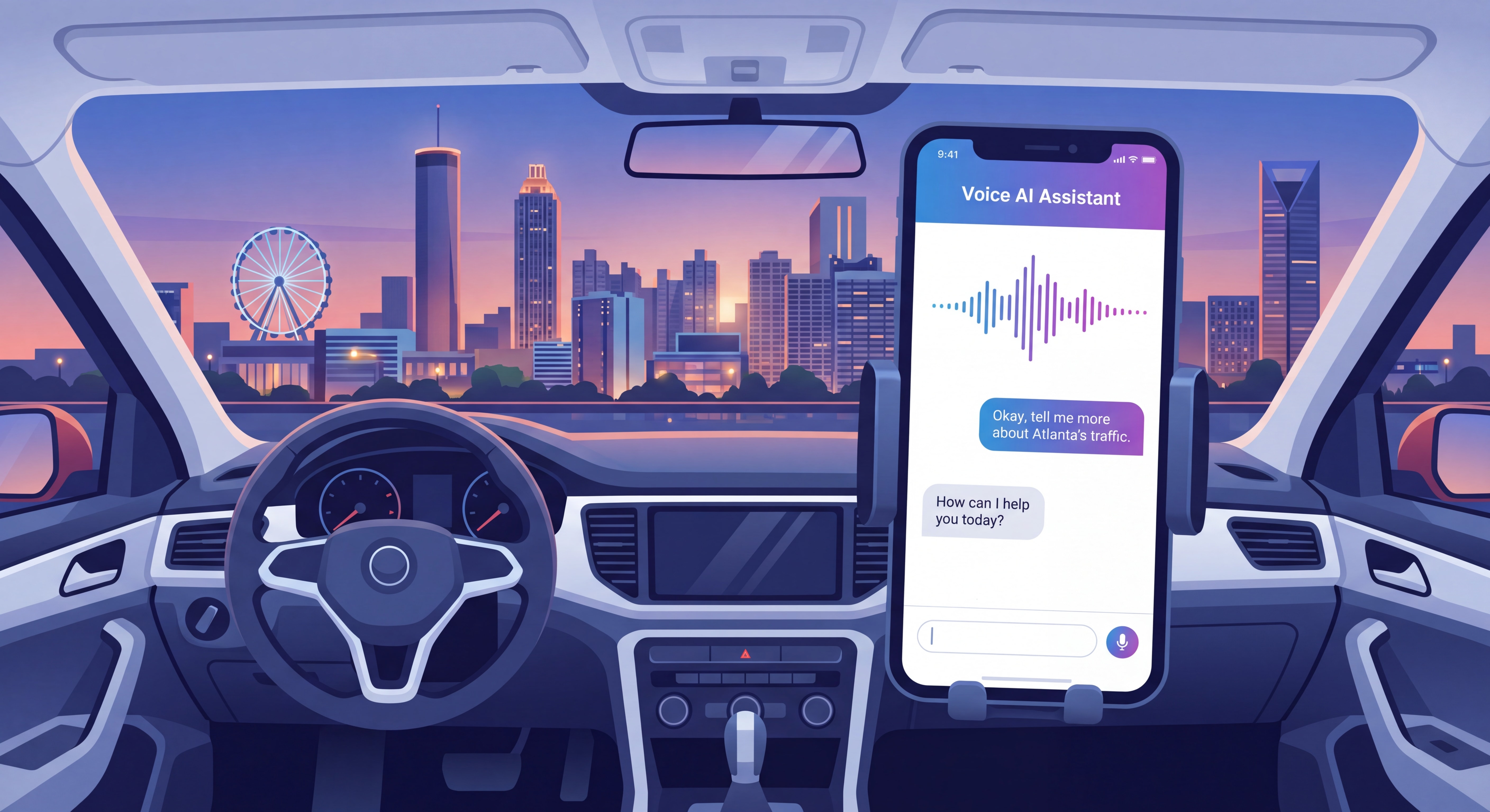 Voice AI chatbot interface shown on smartphone in car with Atlanta cityscape in background