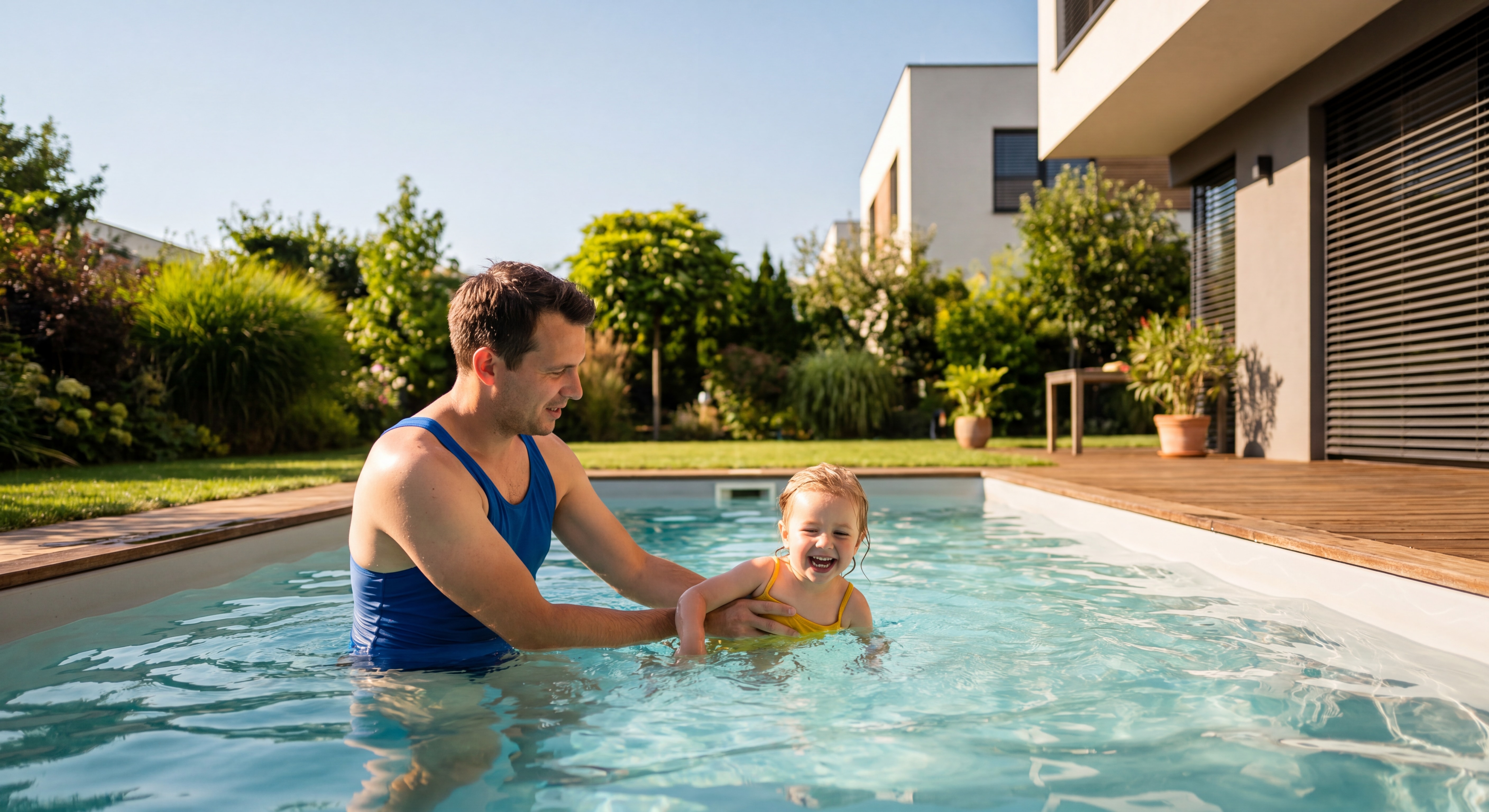 Photographie réaliste d'un maître-nageur en maillot de bain dans l'eau d'une piscine privée de jardin, guidant un enfant souriant sans brassard, jardin verdoyant et maison individuelle visibles, ambiance estivale ensoleillée, style photo reportage familial professionnel