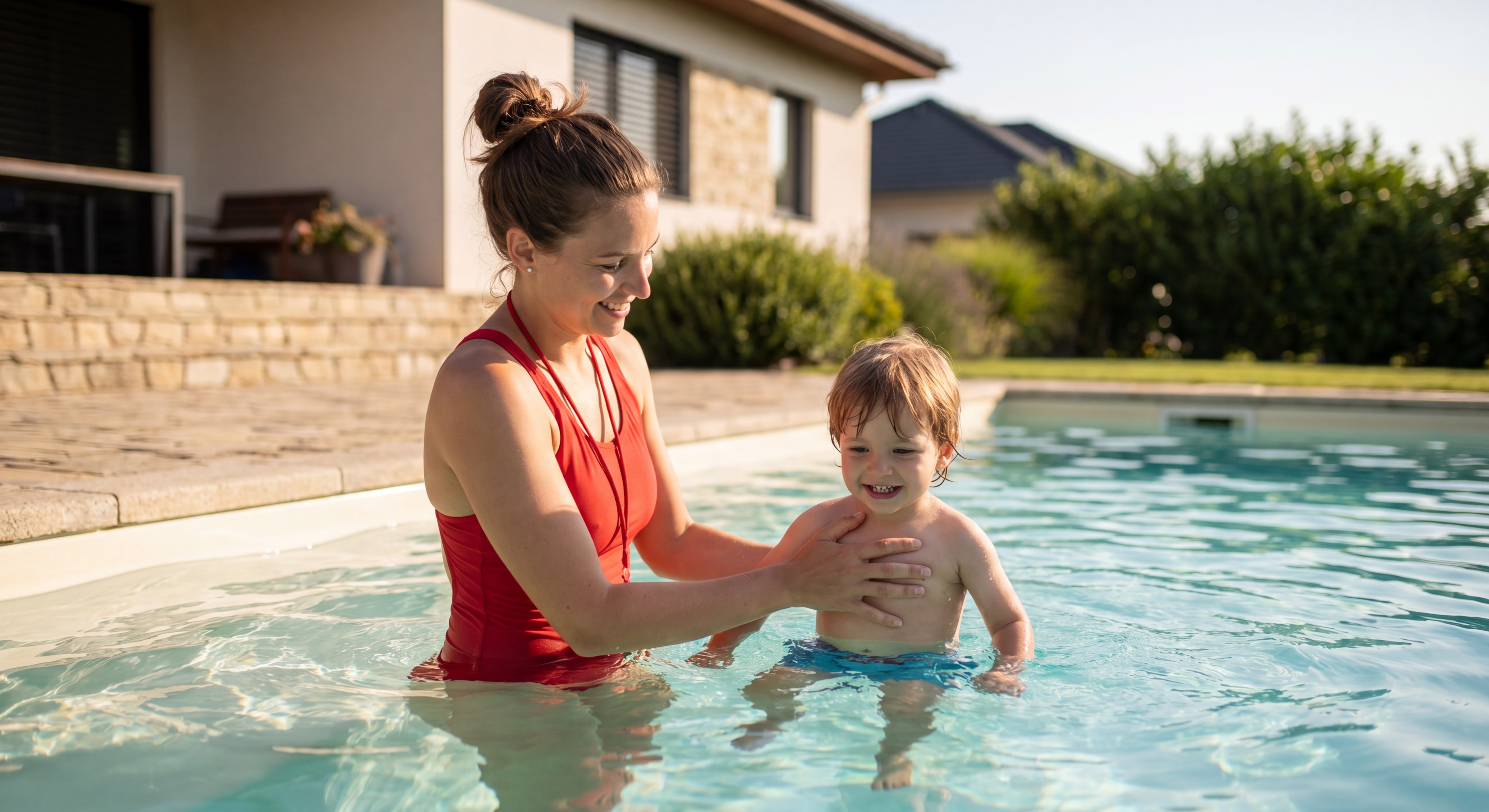 Photographie réaliste d'un maître-nageur en maillot de bain dans l'eau d'une piscine extérieure de jardin, tenant un enfant de 2-3 ans sans brassard, lumière naturelle chaleureuse, maison visible en arrière-plan, style photo reportage professionnel