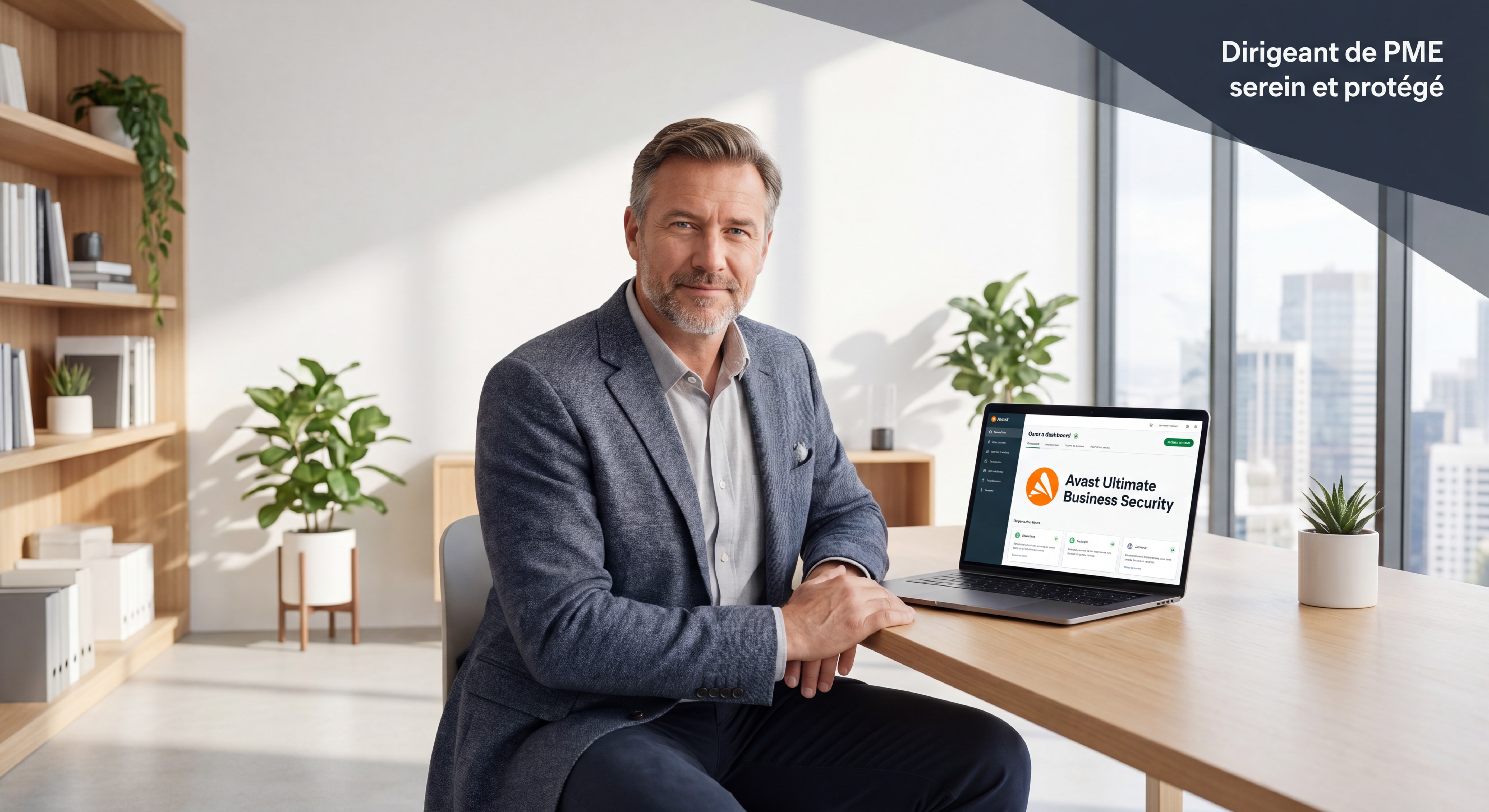 Dirigeant de PME serein devant son ordinateur protégé par Avast Ultimate Business Security, bureau professionnel moderne