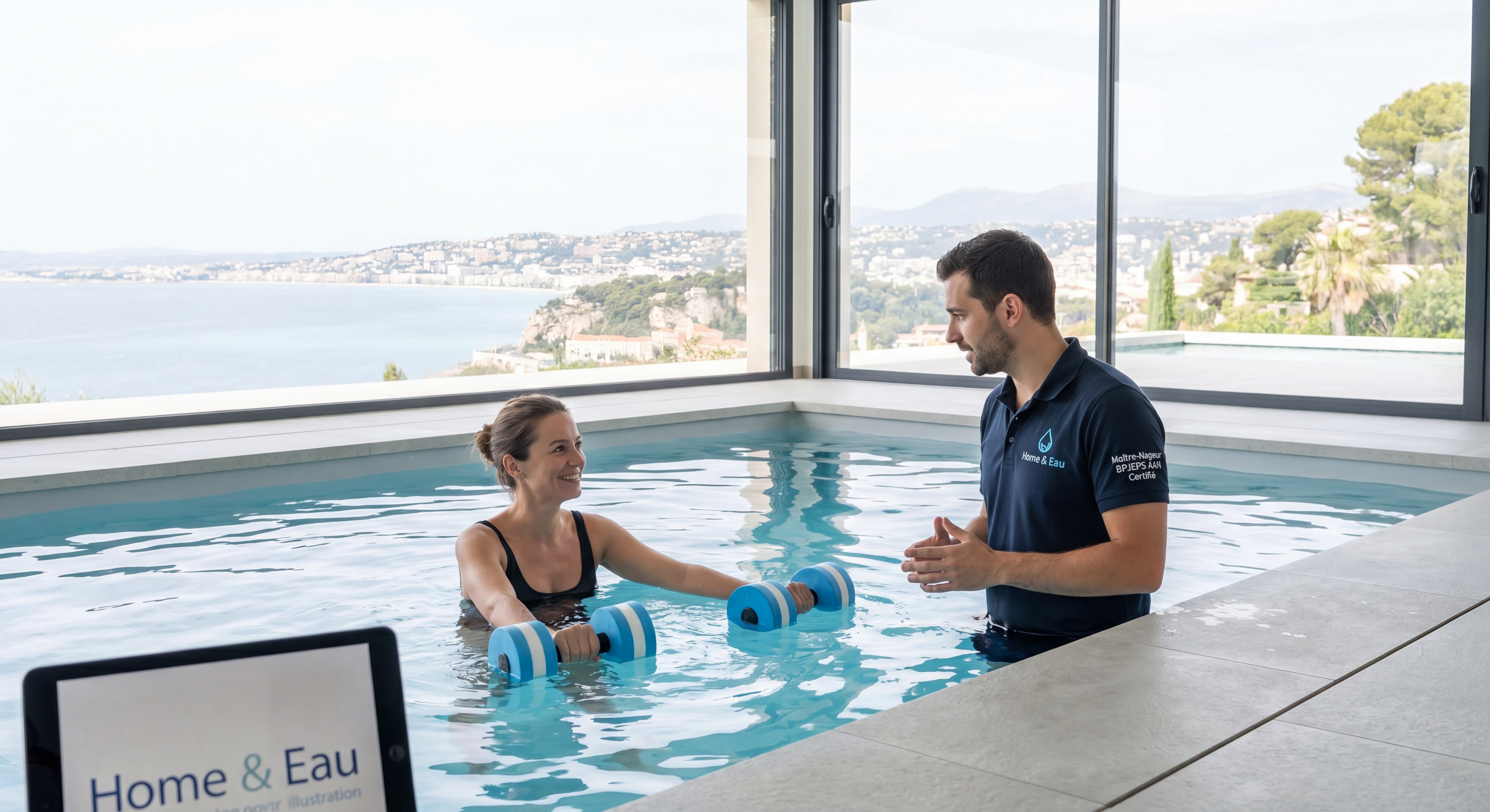 Séance d'aquagym à domicile dans une piscine privée sur les hauteurs de Nice, animée par un maître-nageur Home & Eau certifié BPJEPS AAN