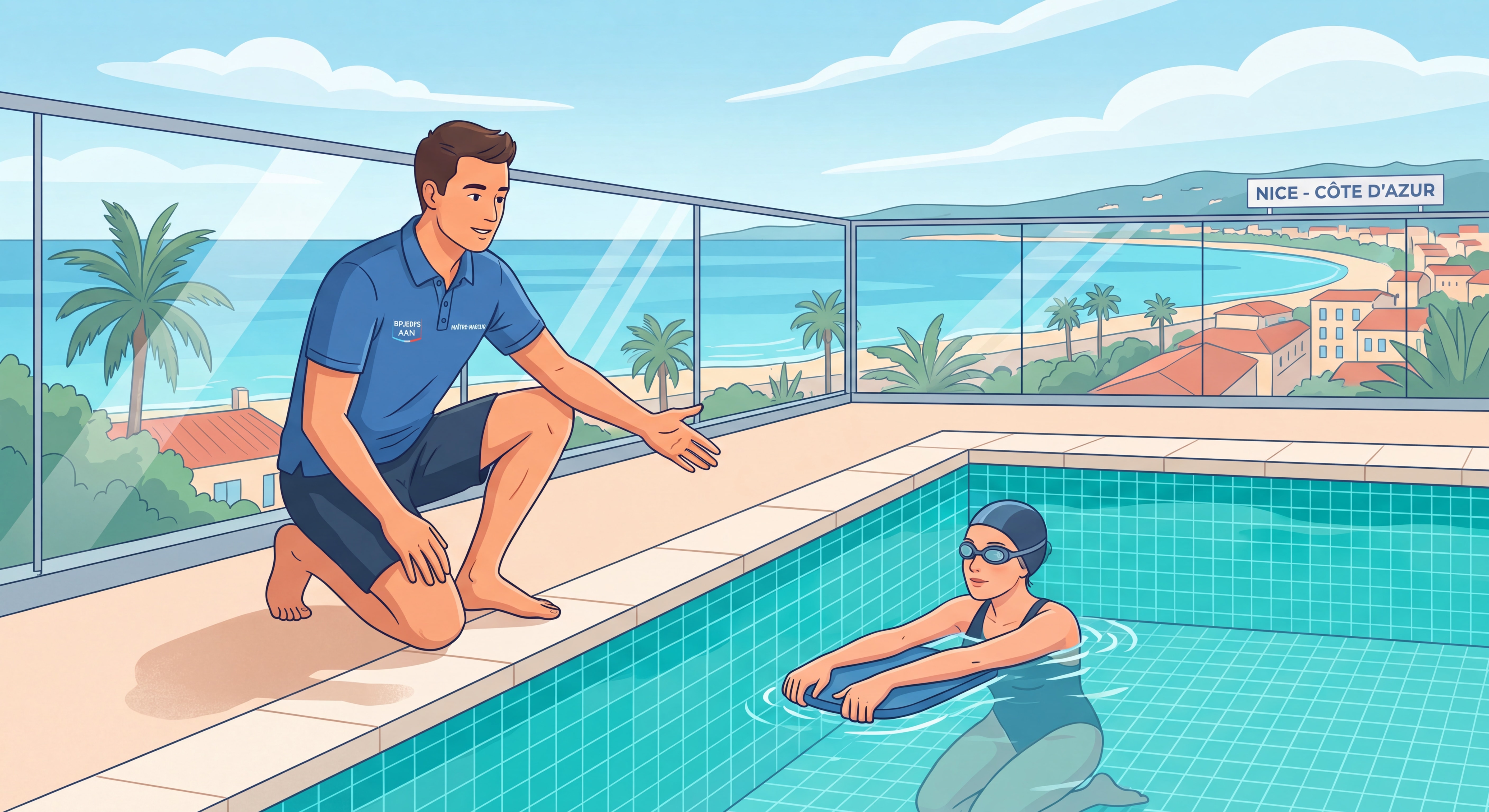 Maître-nageur certifié BPJEPS AAN donnant un cours de natation à domicile dans une piscine privée à Nice avec vue sur la Côte d'Azur