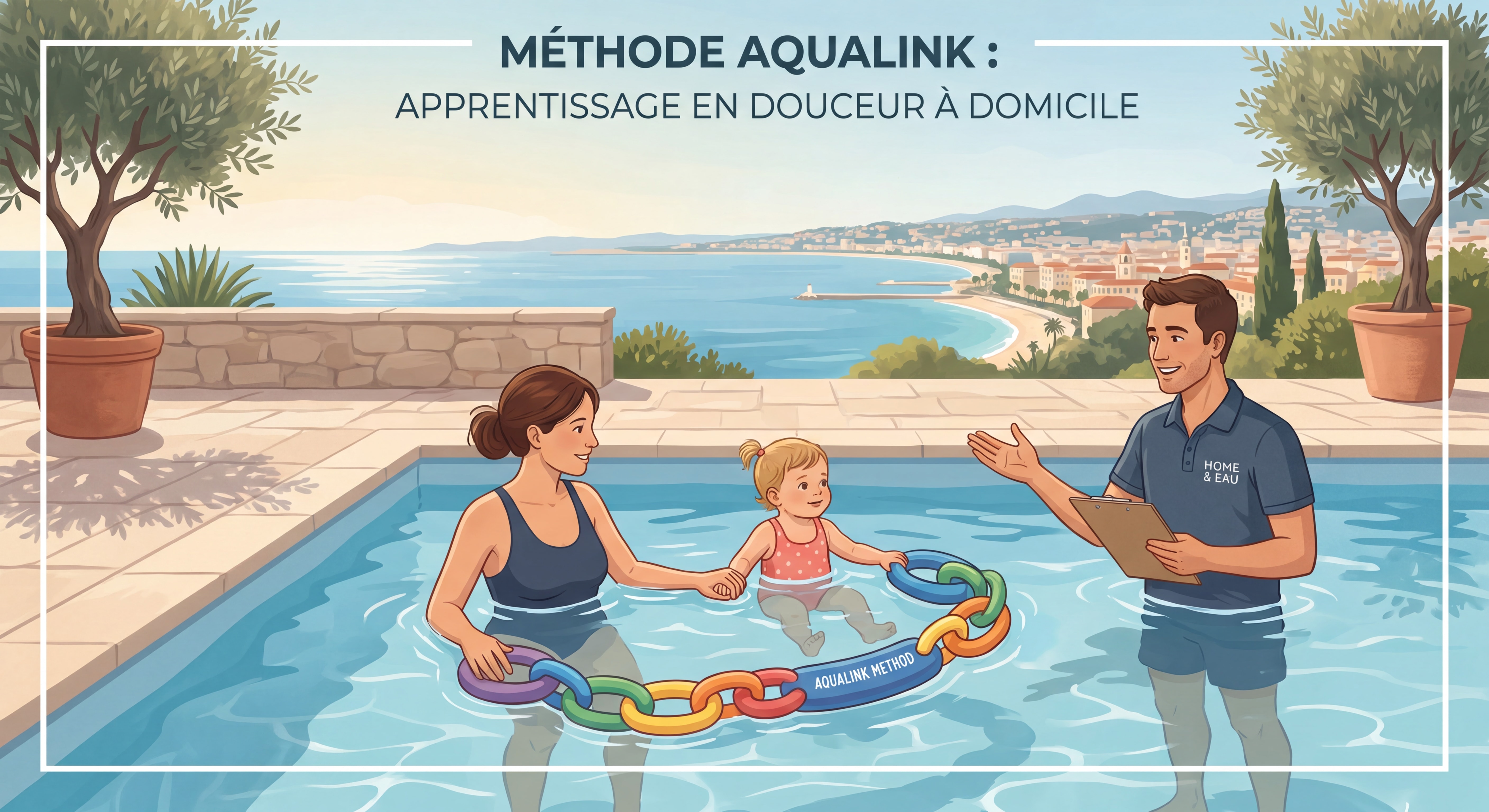 Parent et enfant de 2-4 ans pratiquant la méthode AquaLink dans une piscine privée niçoise, accompagnés d'un maître-nageur Home & Eau