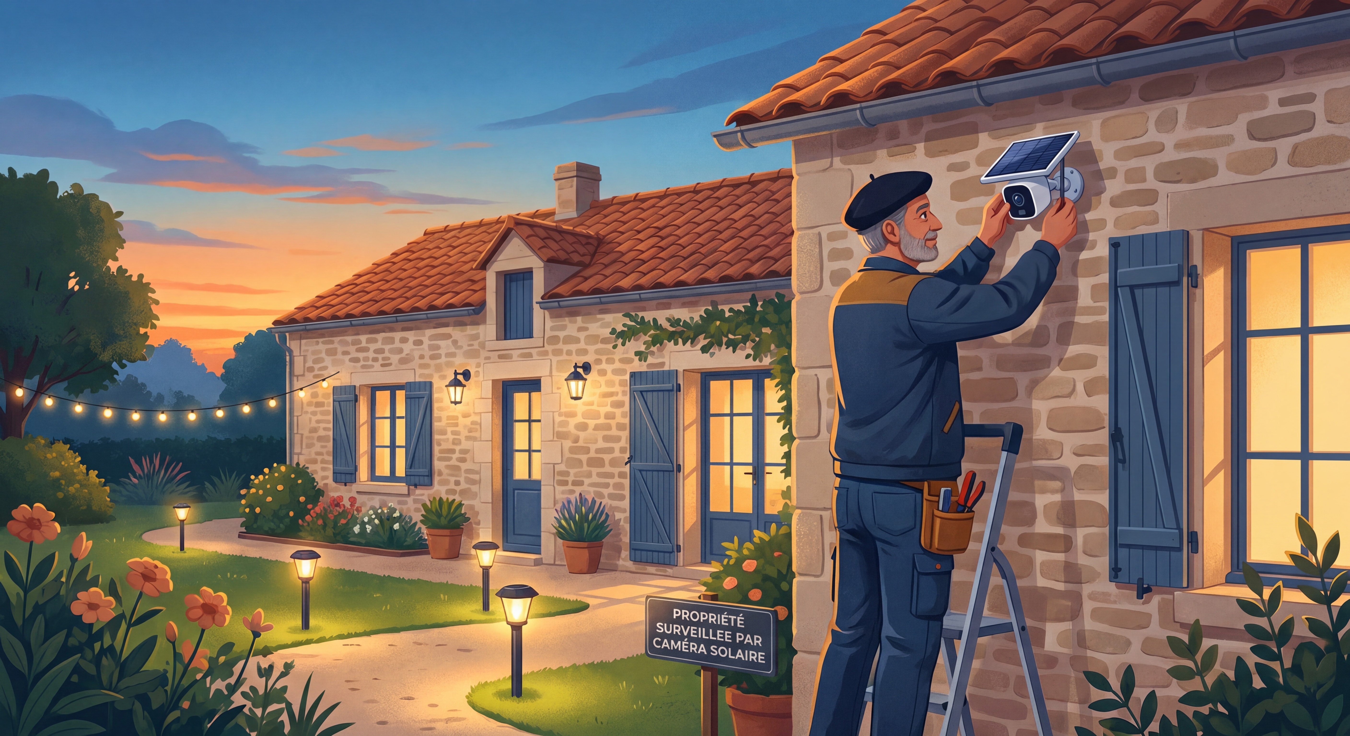 Propriétaire français installant une caméra solaire sur la façade de sa maison, jardin éclairé par des lampes solaires au crépuscule