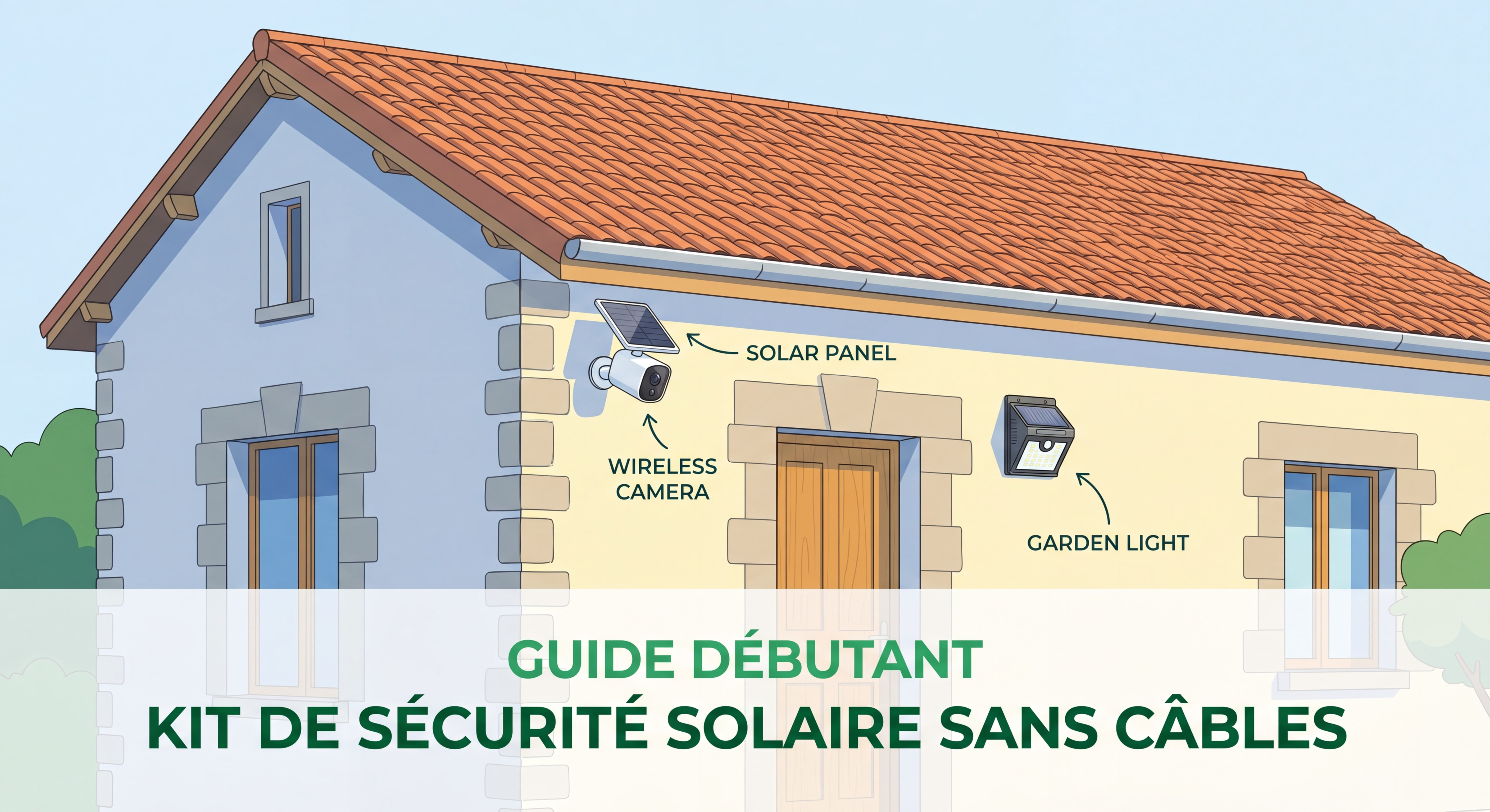Guide débutant caméra solaire et lampe solaire jardin – kit de sécurité maison solaire sans câbles installé sur façade de maison individuelle française