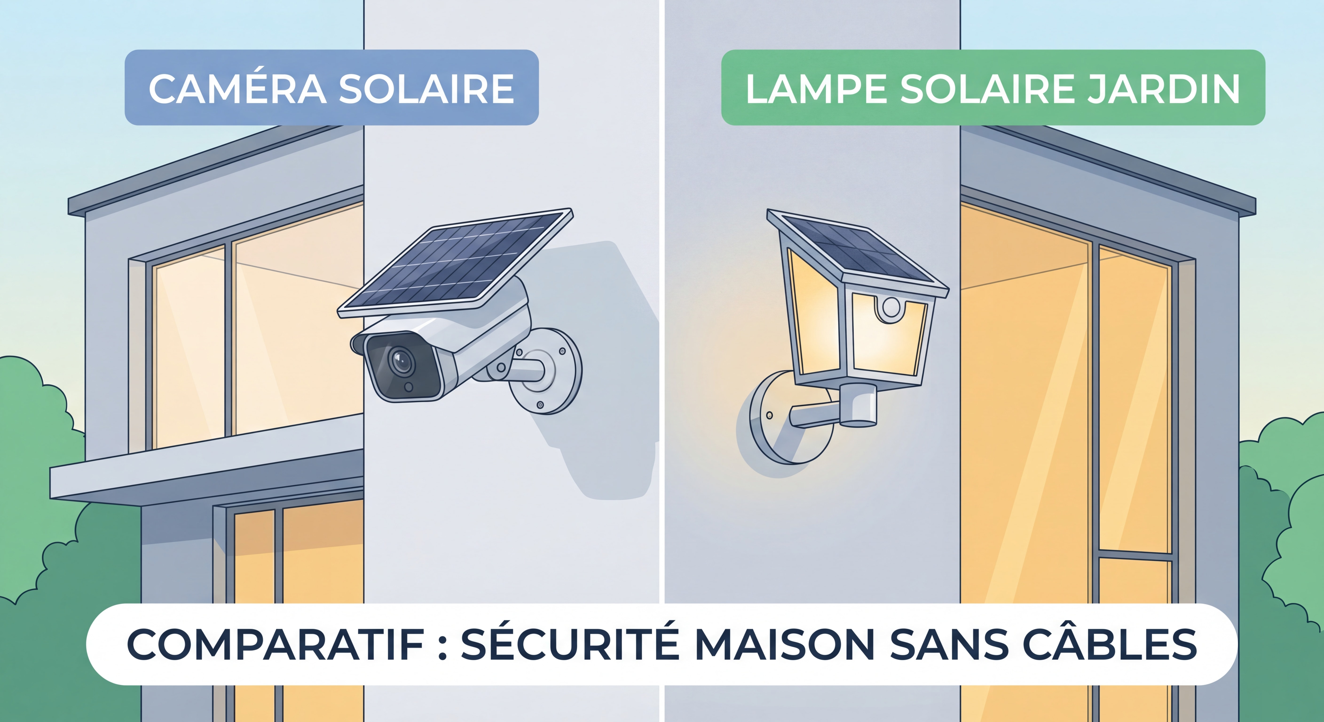 Comparatif caméra solaire et lampe solaire jardin installés sur façade de maison — sécurité maison solaire sans câbles