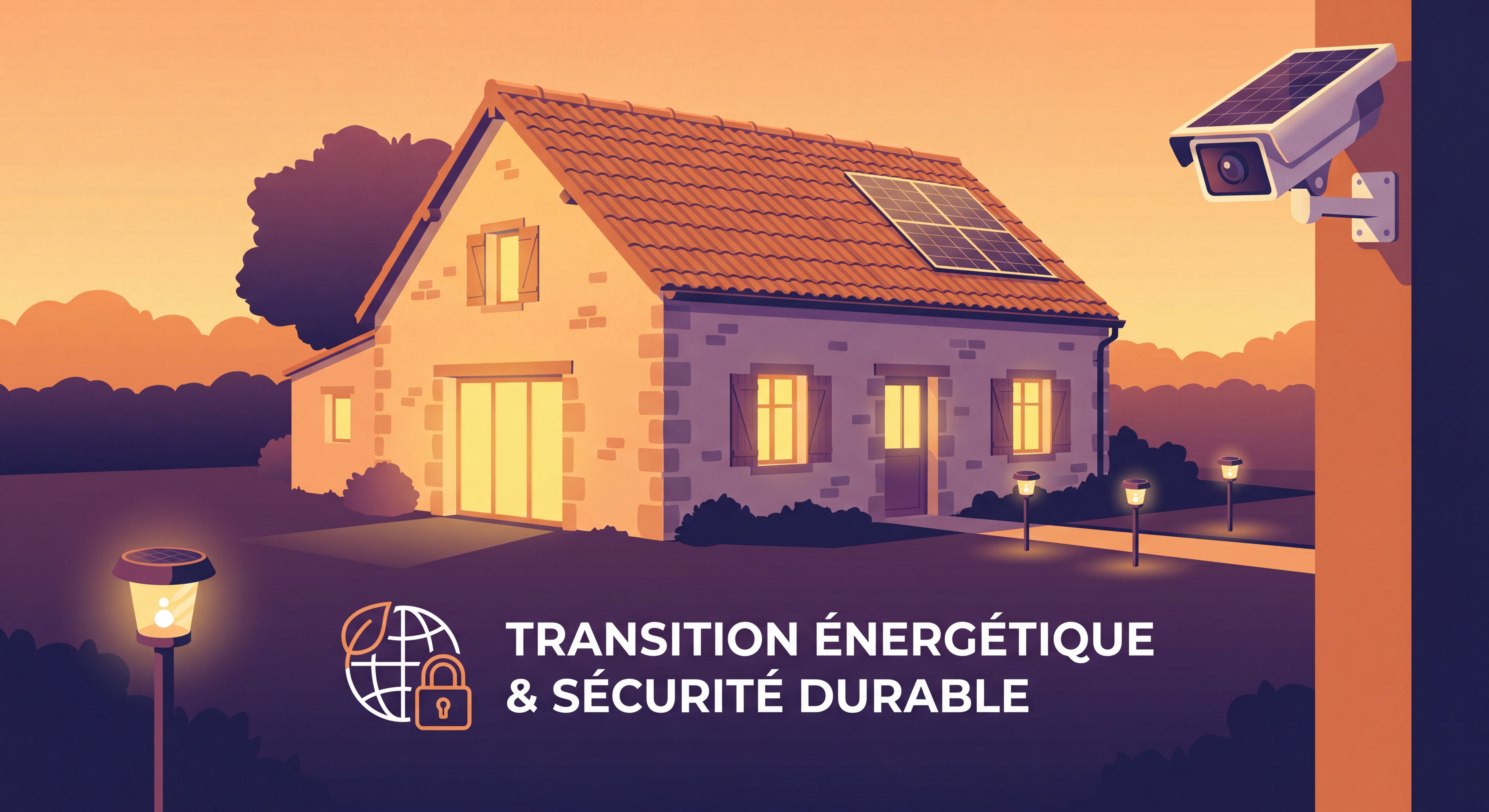 Maison française équipée d'une caméra solaire et de lampes solaires jardin au coucher du soleil, symbolisant sécurité durable et transition énergétique