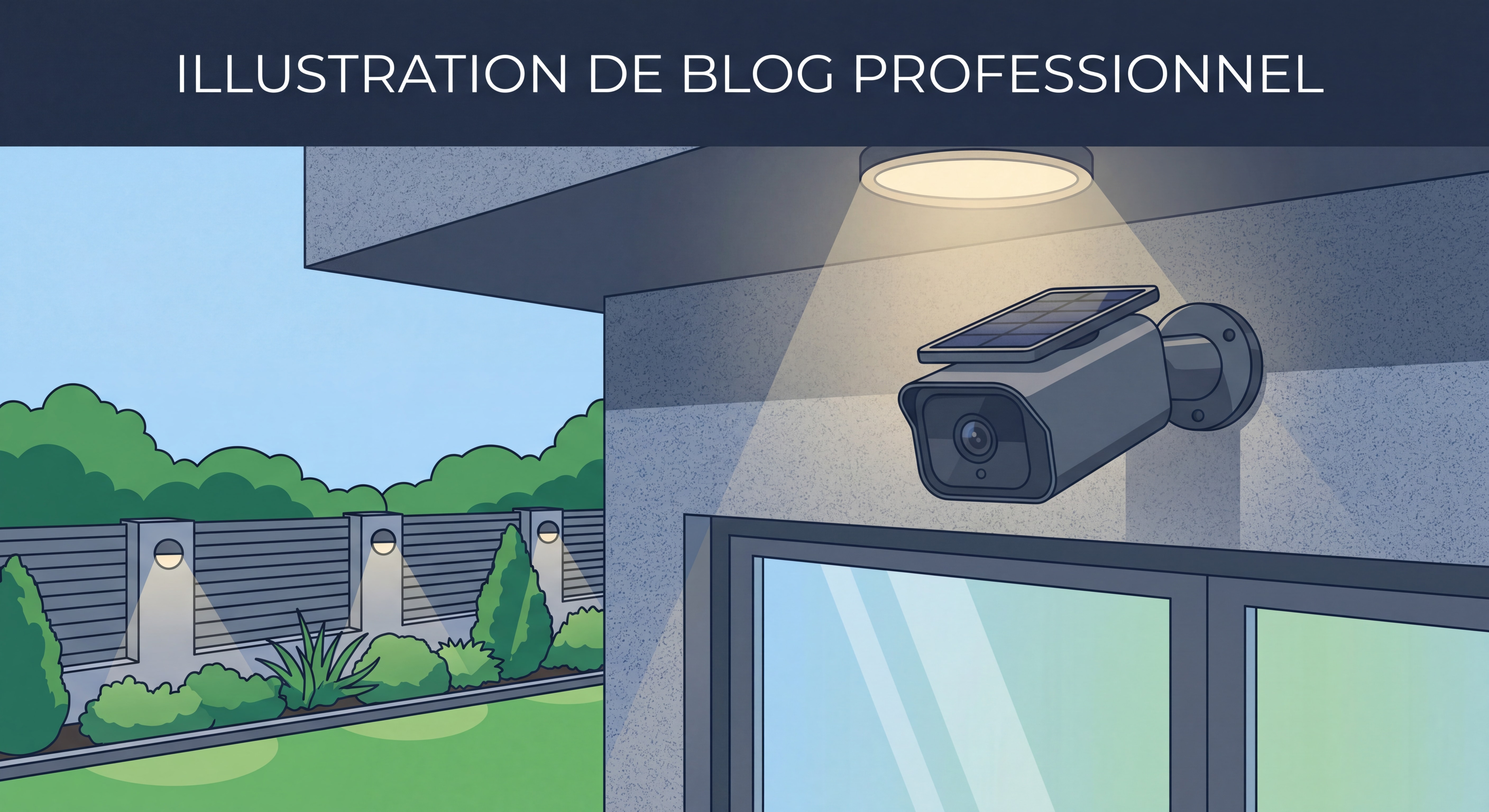 Caméra solaire installée sur façade de maison avec panneau solaire intégré, éclairage LED et jardin sécurisé en arrière-plan