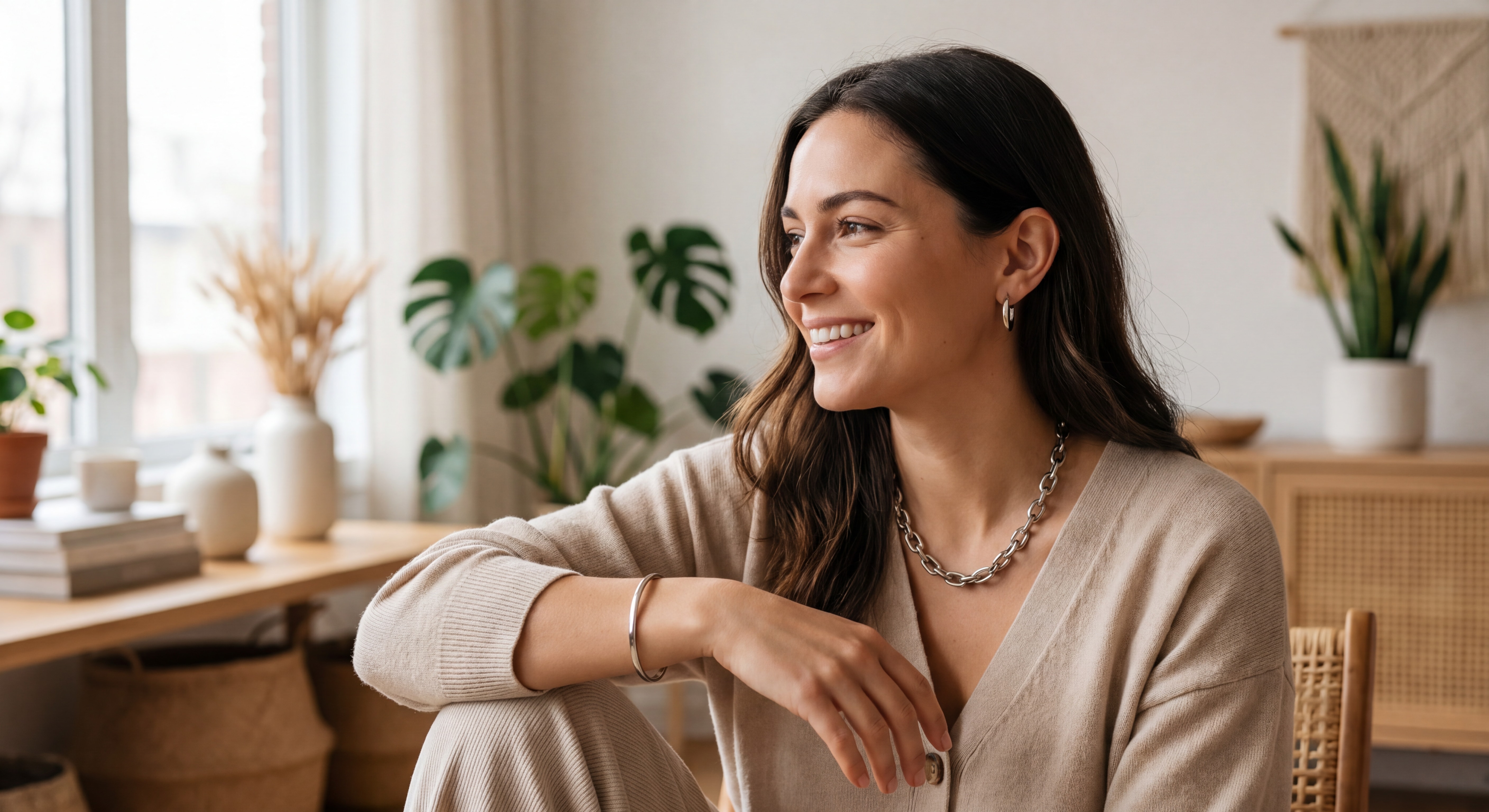 Femme portant des bijoux en acier inoxydable 316L — collier chaîne et bracelet jonc — dans une lumière naturelle douce, ambiance chaleureuse et moderne, lifestyle