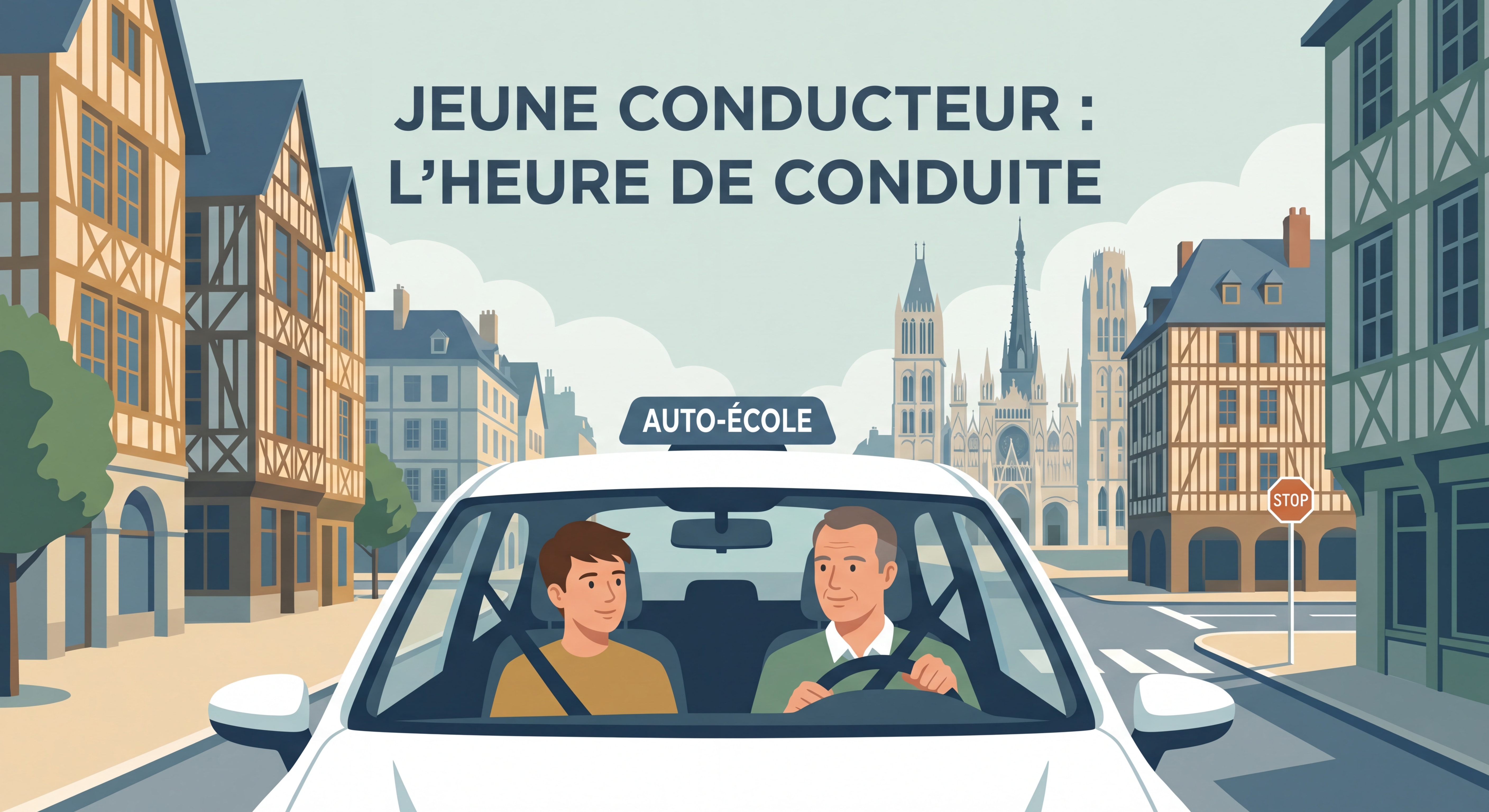 Jeune conducteur apprenti en leçon de conduite dans les rues de Rouen avec son moniteur, approchant d'une intersection non signalisée