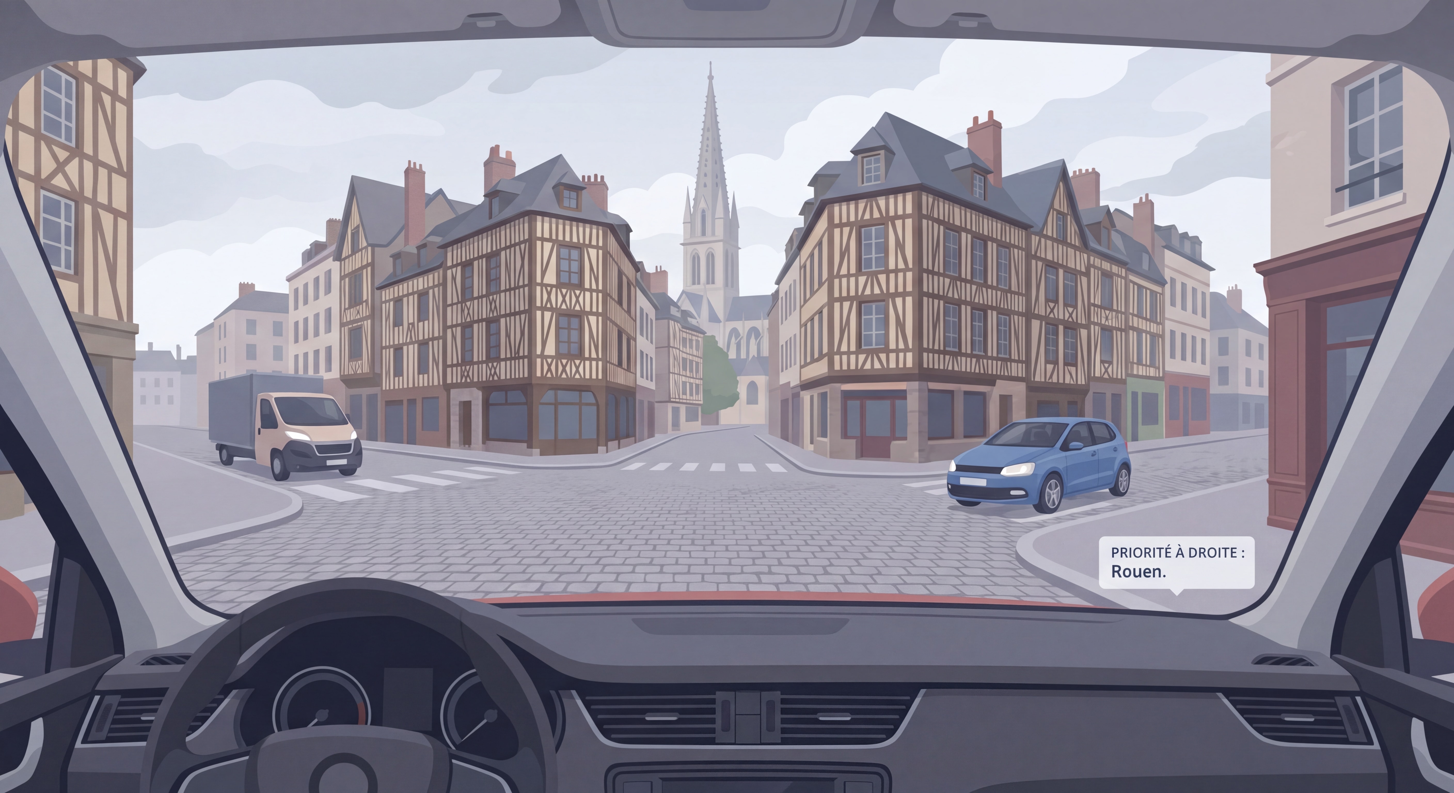 Intersection urbaine sans signalisation à Rouen illustrant la priorité à droite, vue depuis l'habitacle d'une voiture en approche