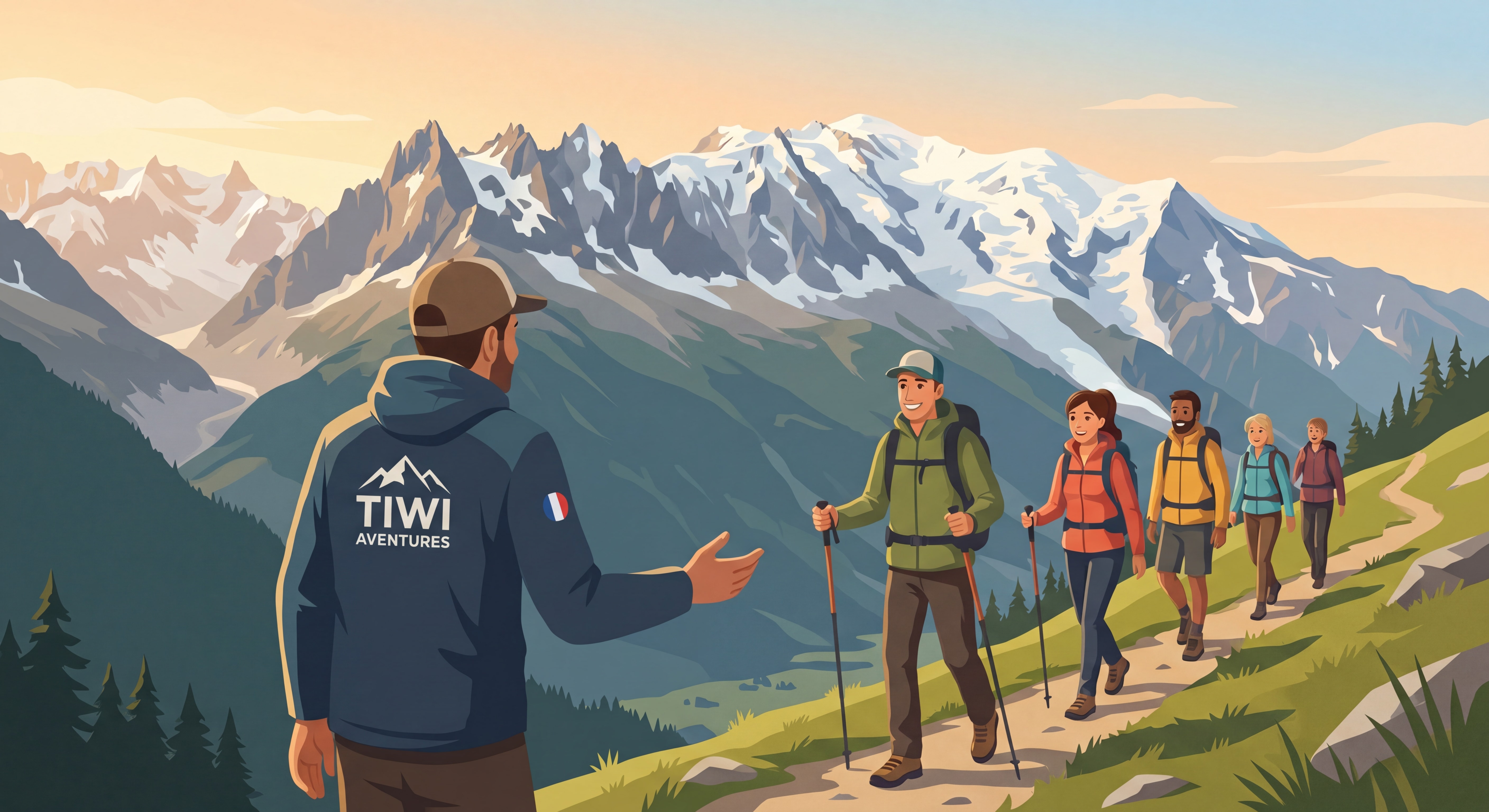 Petit groupe de randonneurs avec guide Tiwi Aventures sur un sentier alpin au-dessus de Saint-Gervais, atmosphère conviviale et authentique