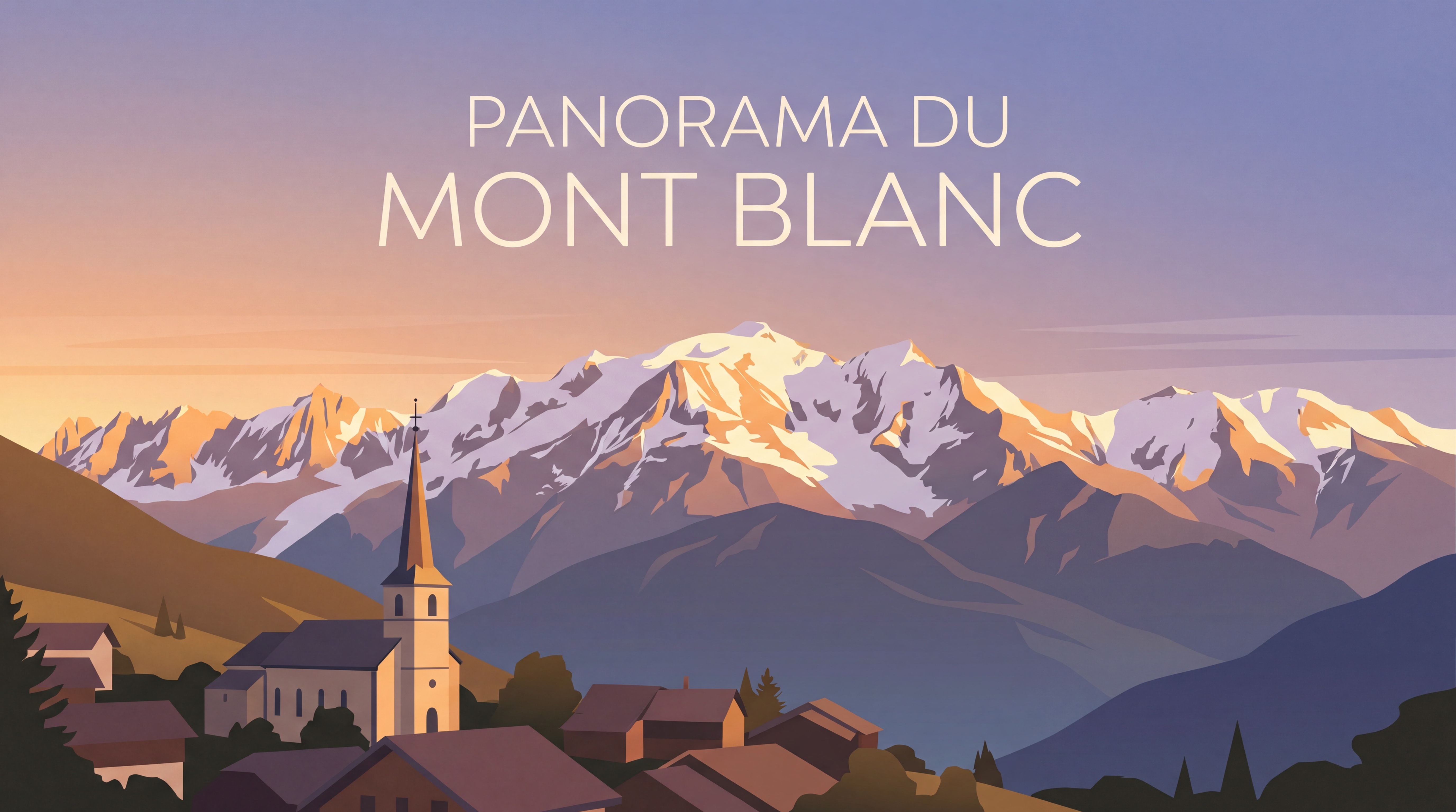 Panorama du Mont Blanc au lever du soleil depuis Saint-Gervais-les-Bains, lumière dorée sur les sommets enneigés