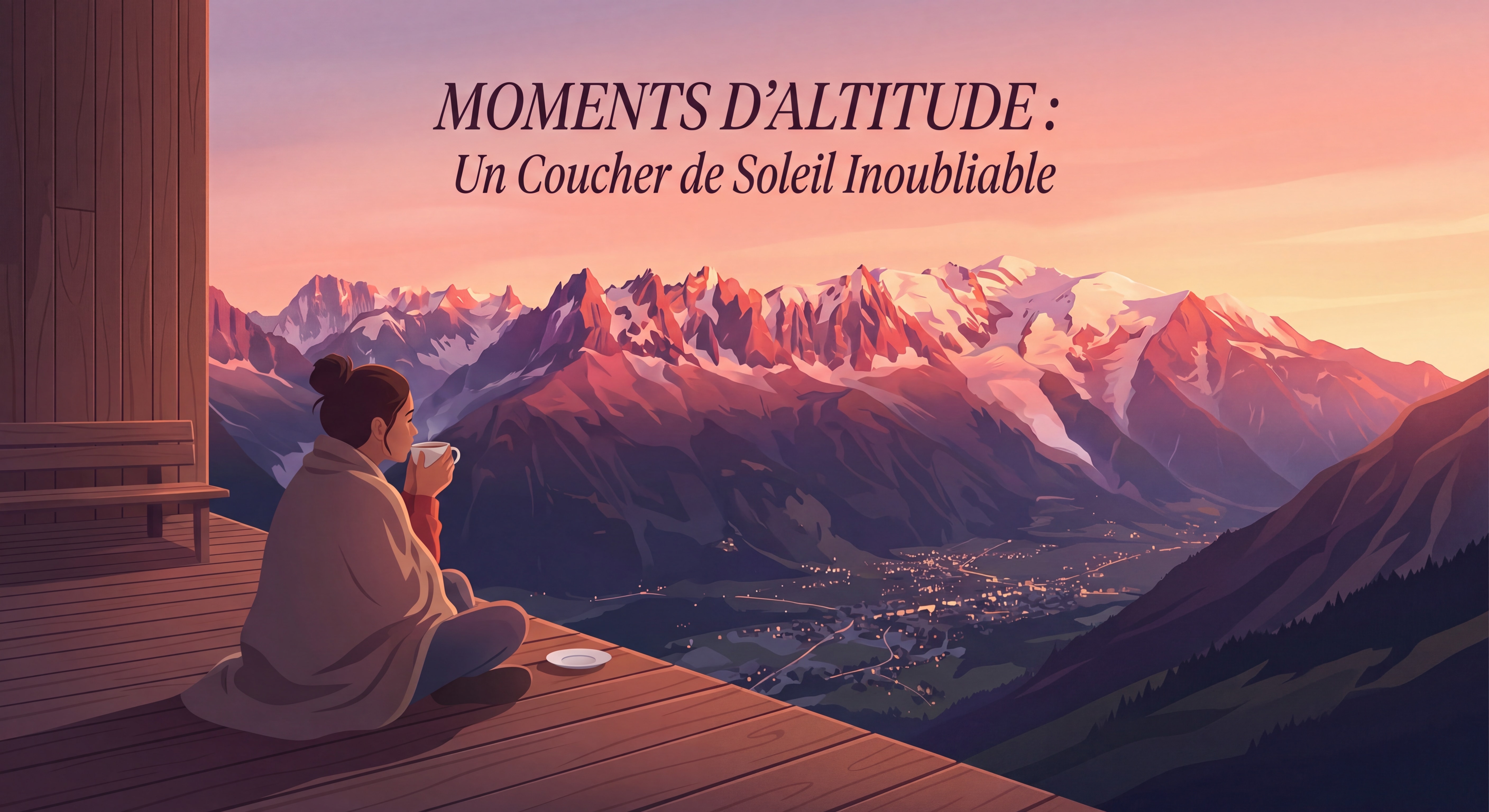 Coucher de soleil depuis un refuge d'altitude au-dessus de Saint-Gervais, alpenglow rose et orange sur le Mont Blanc, ambiance contemplative et émotionnelle