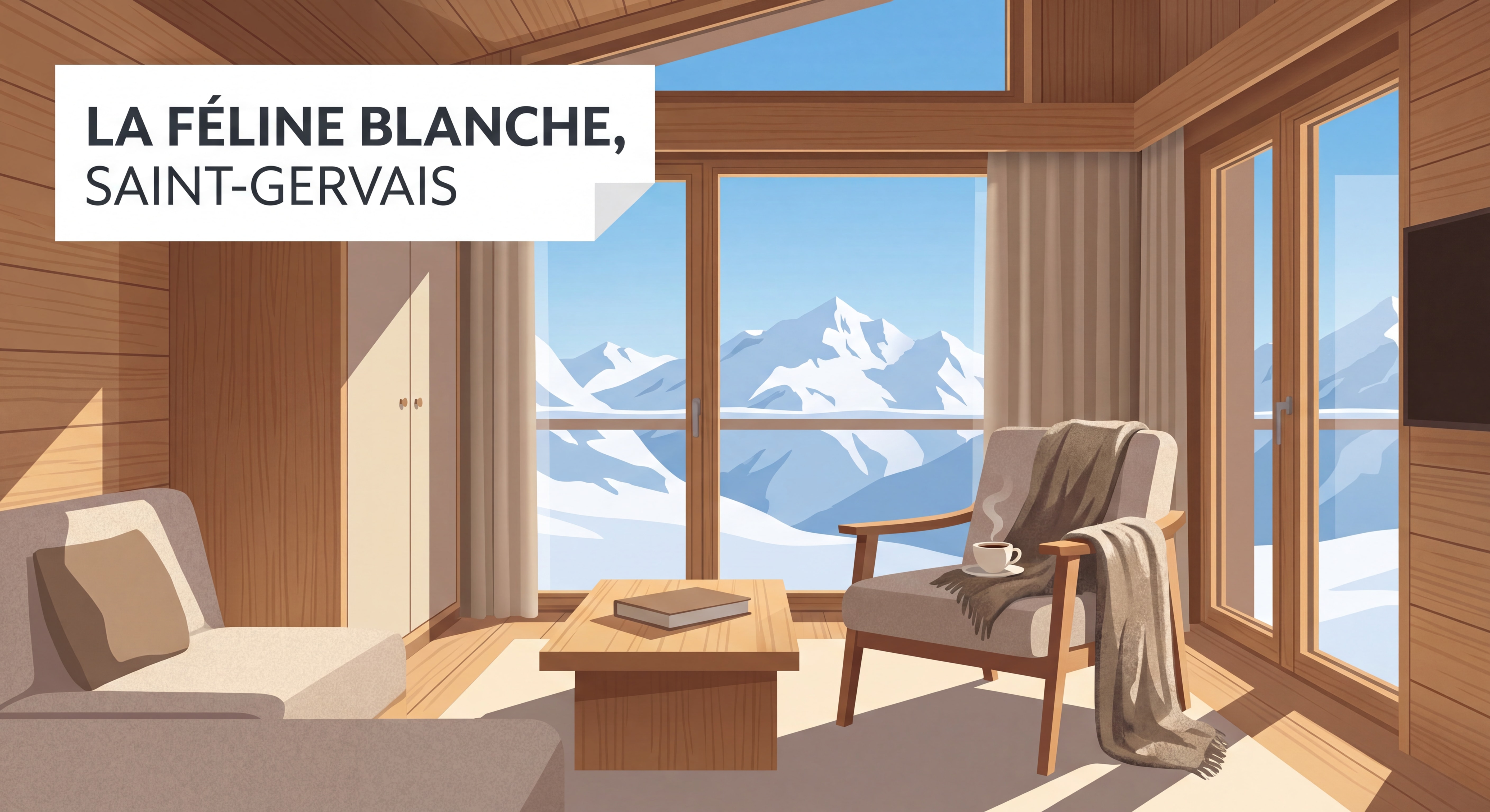 Intérieur cosy d'une chambre de l'hôtel La Féline Blanche à Saint-Gervais, décoration contemporaine avec boiseries, ambiance chaleureuse et vue sur les montagnes