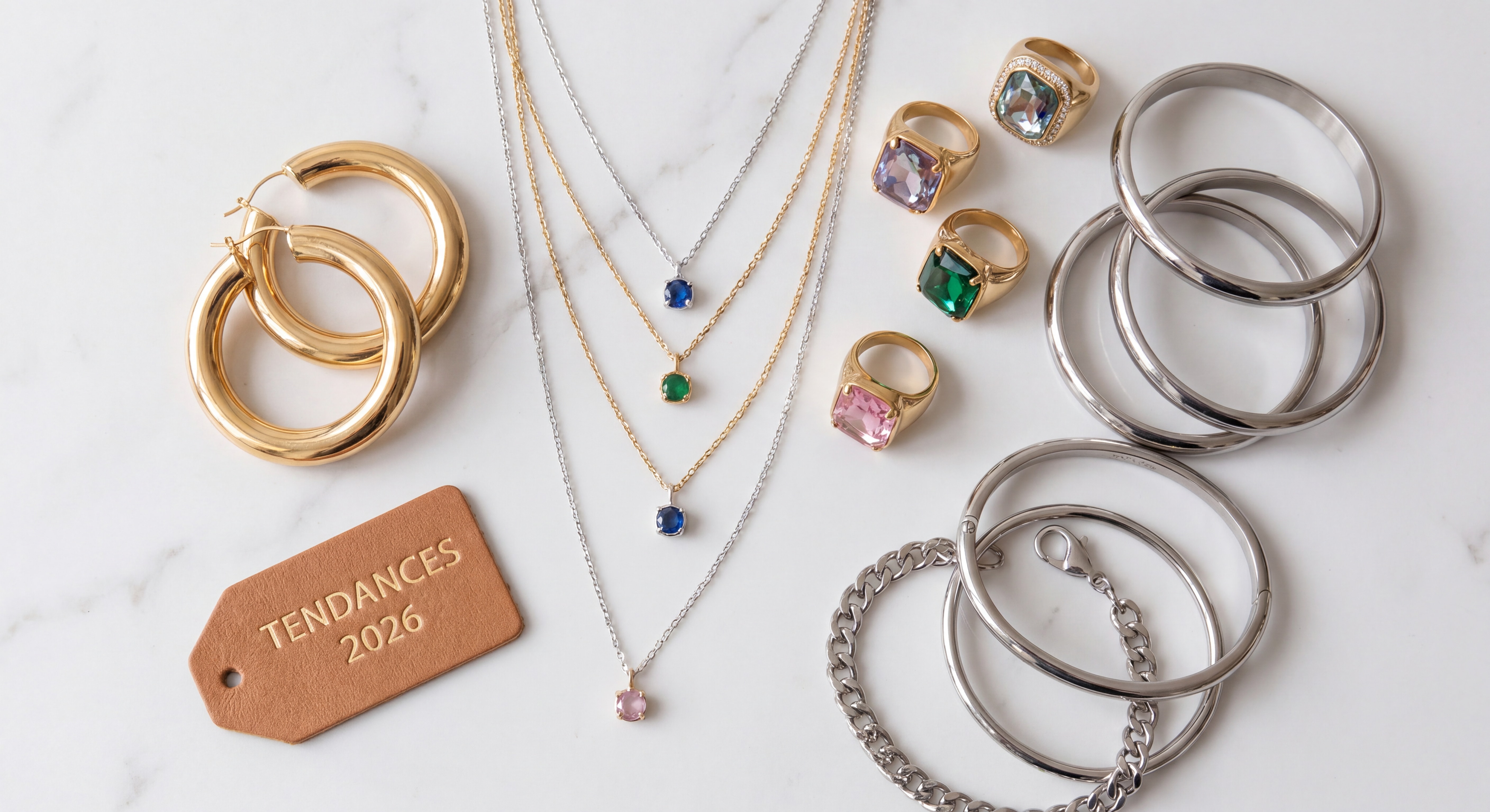 Flat lay tendances bijoux 2026 — créoles dorées imposantes, colliers superposés avec pierres colorées, bagues cocktail et bracelets en acier inoxydable sur fond marbre blanc