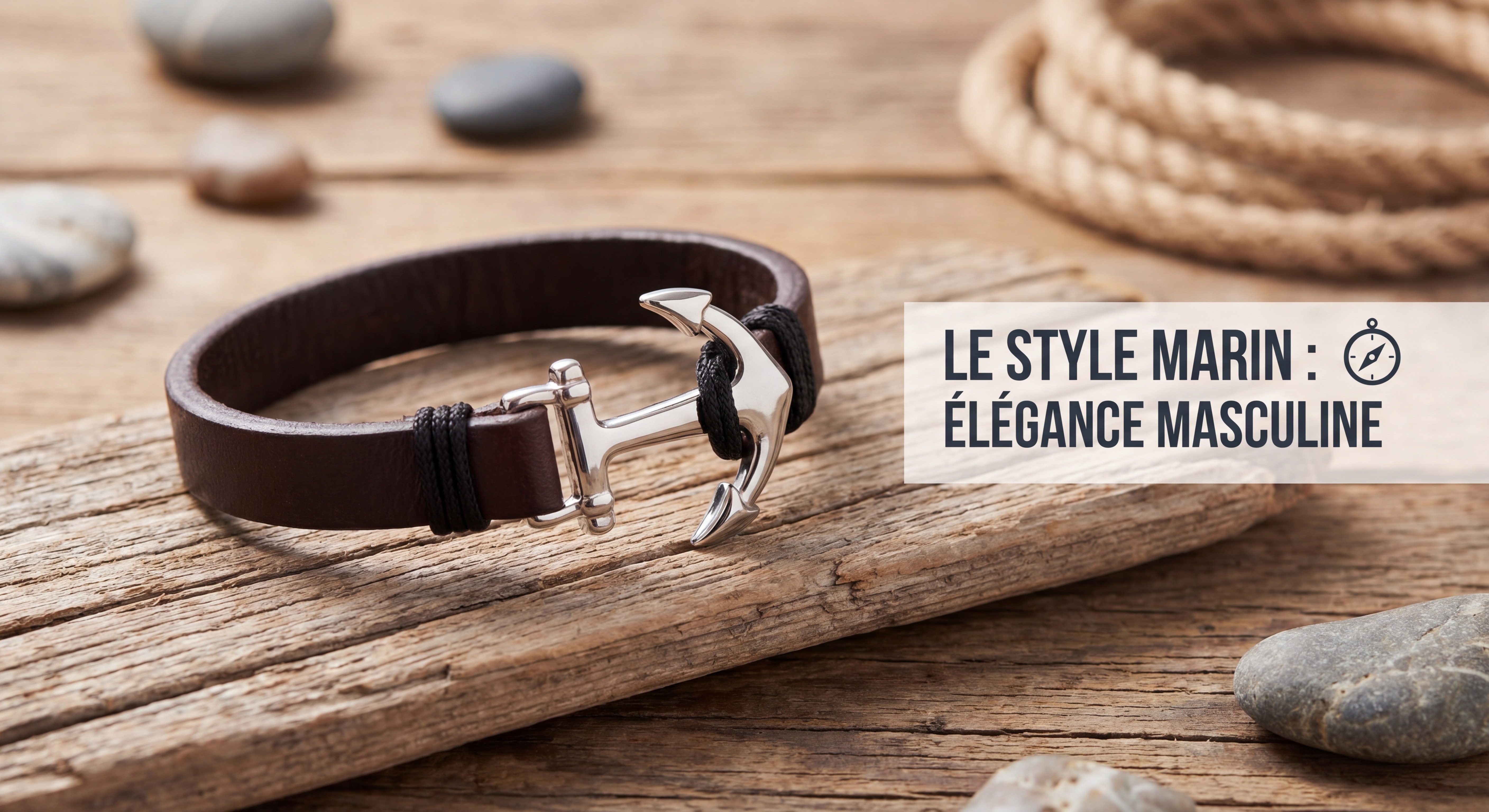 Bracelet cuir homme ancre nautique noir et argent posé sur une surface en bois brut, style marin élégant
