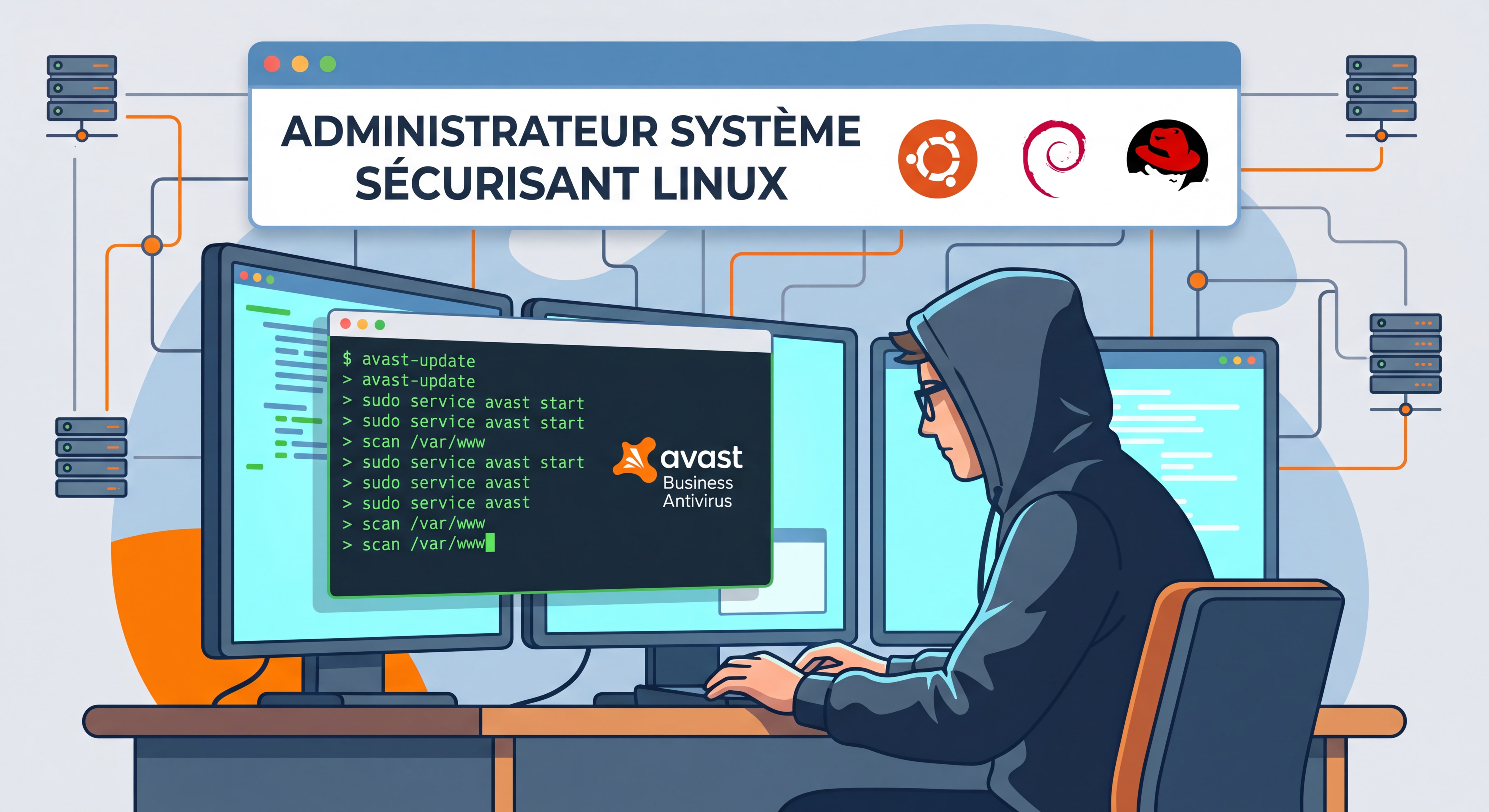 Administrateur système sécurisant un serveur Linux avec Avast Business Antivirus, interface terminal Ubuntu Debian Red Hat