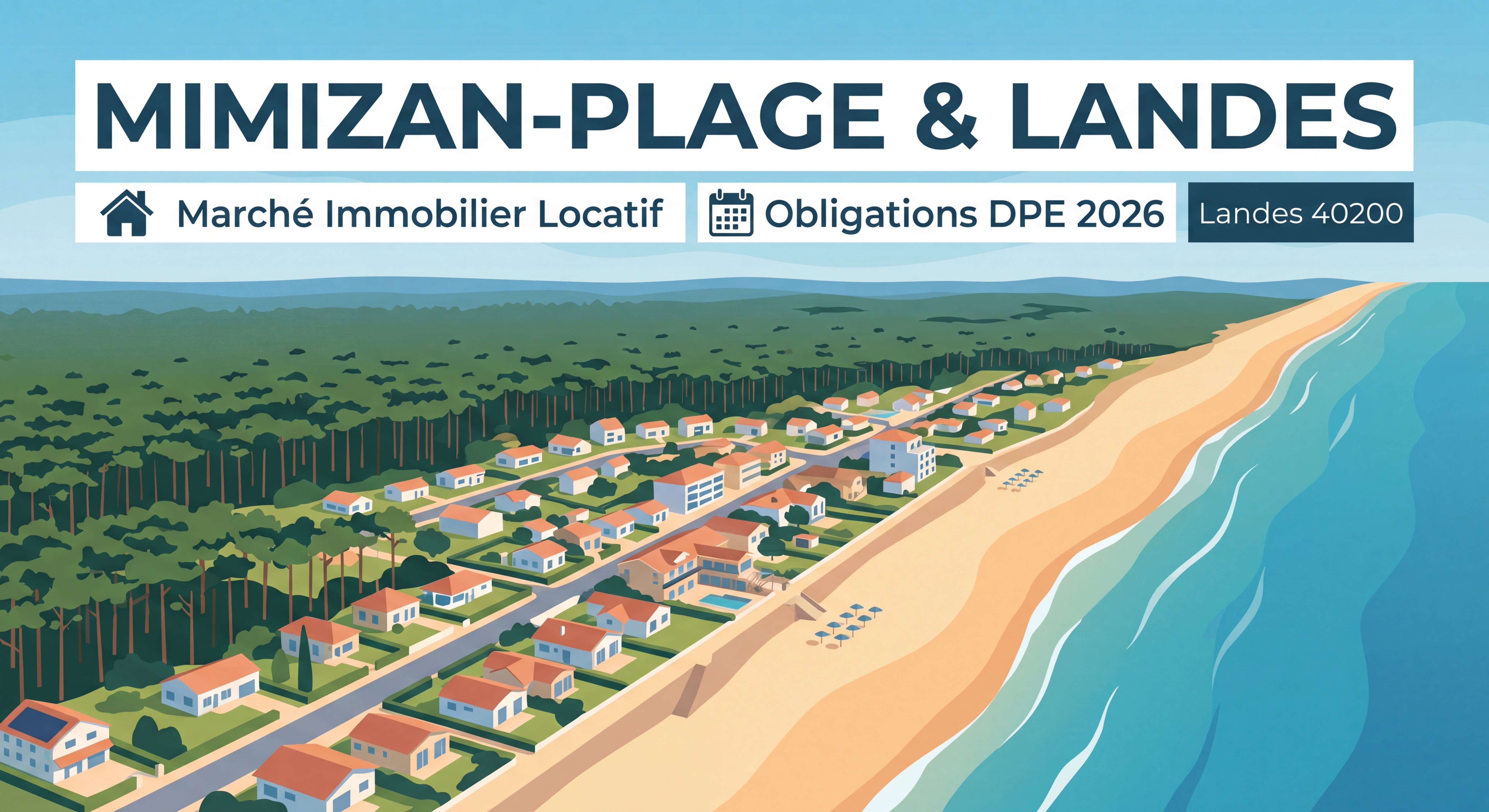Vue aérienne de Mimizan-Plage avec forêt landaise — marché immobilier locatif et obligations DPE 2026 Landes 40200