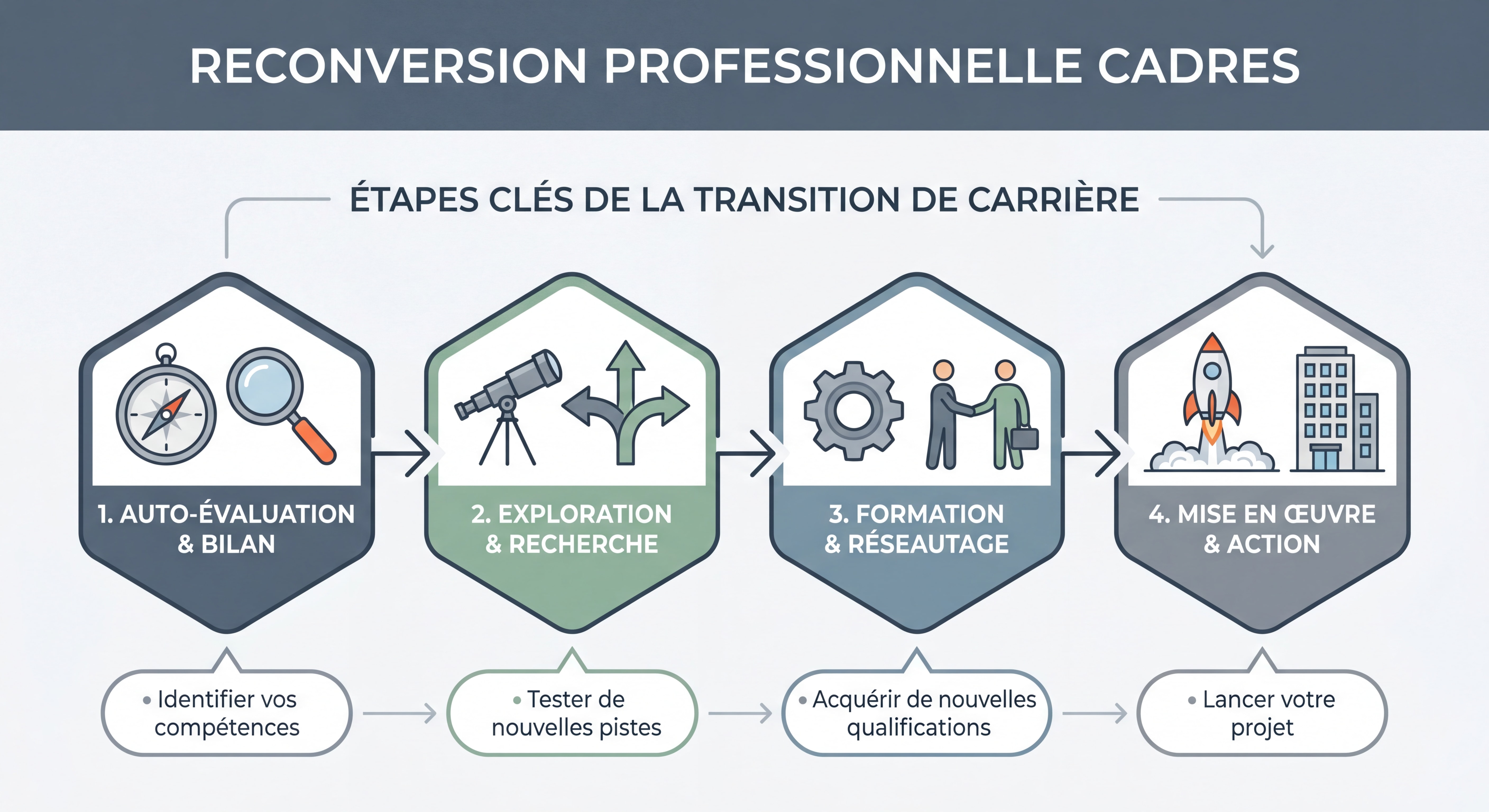 infographie reconversion professionnelle cadres — étapes clés de la transition de carrière