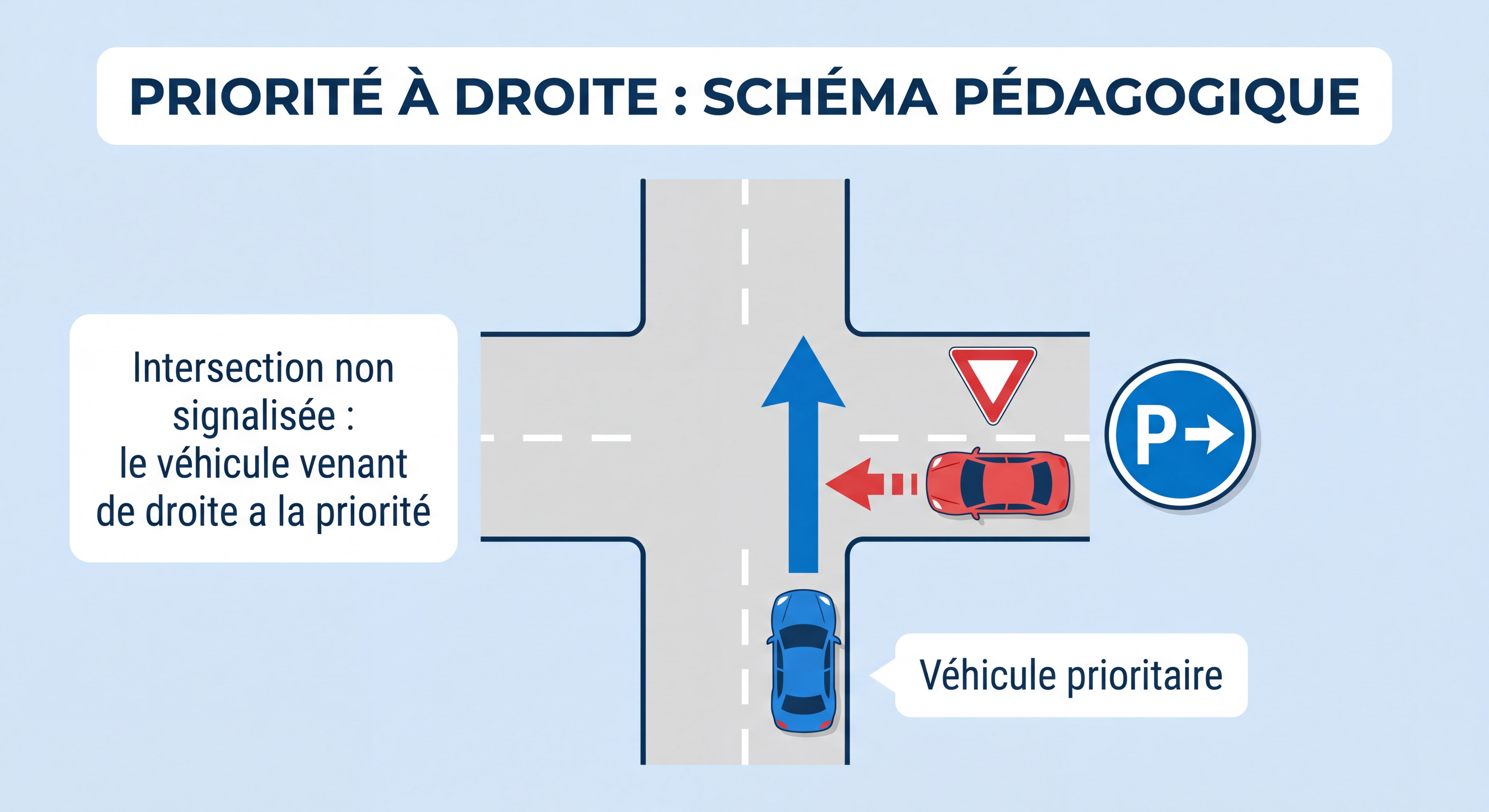 Schéma pédagogique illustrant la règle de priorité à droite à une intersection non signalisée, avec flèches indiquant le sens de passage des véhicules
