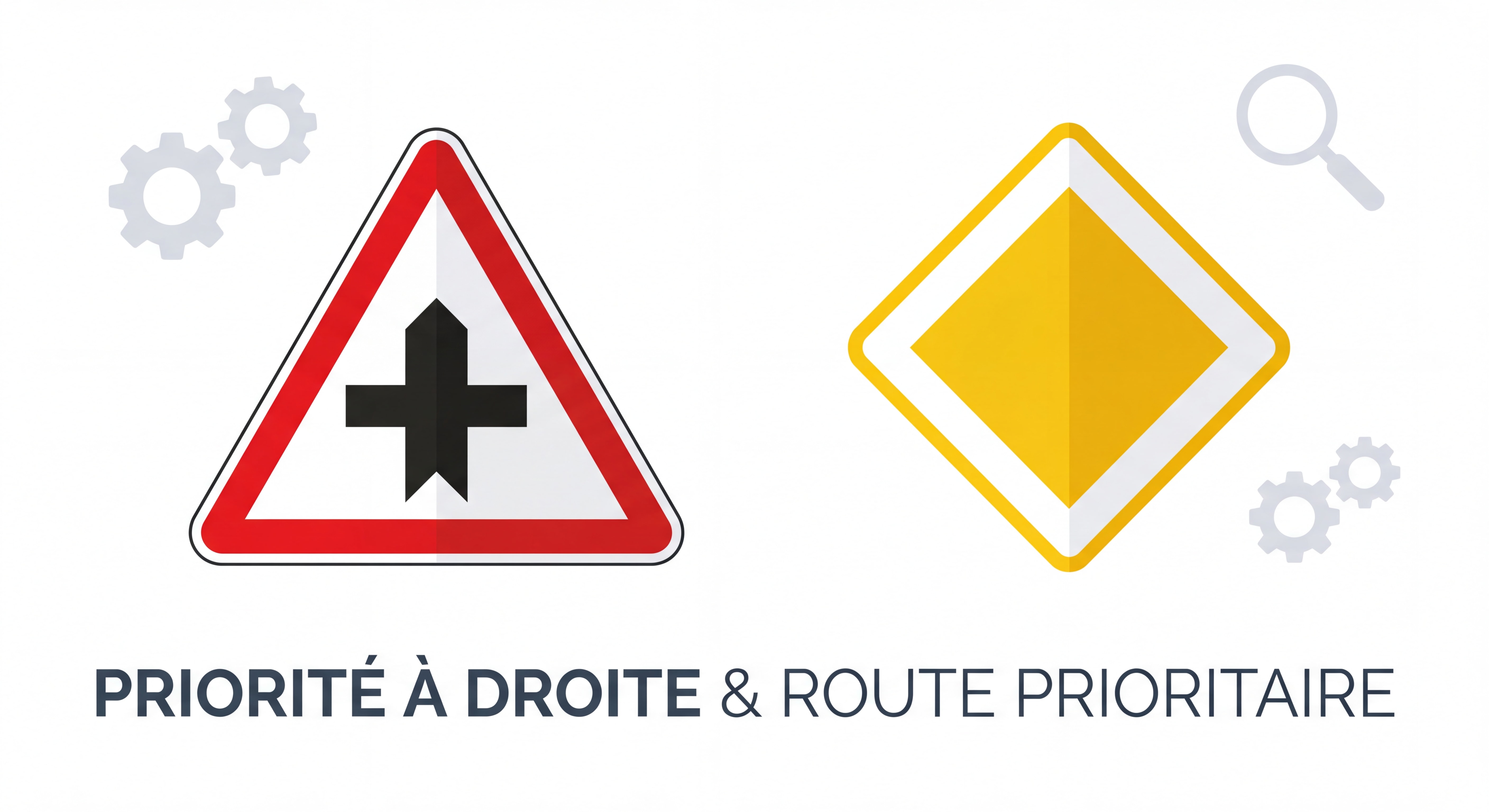Panneau de signalisation priorité à droite et panneau route prioritaire losange jaune côte à côte, fond blanc pédagogique