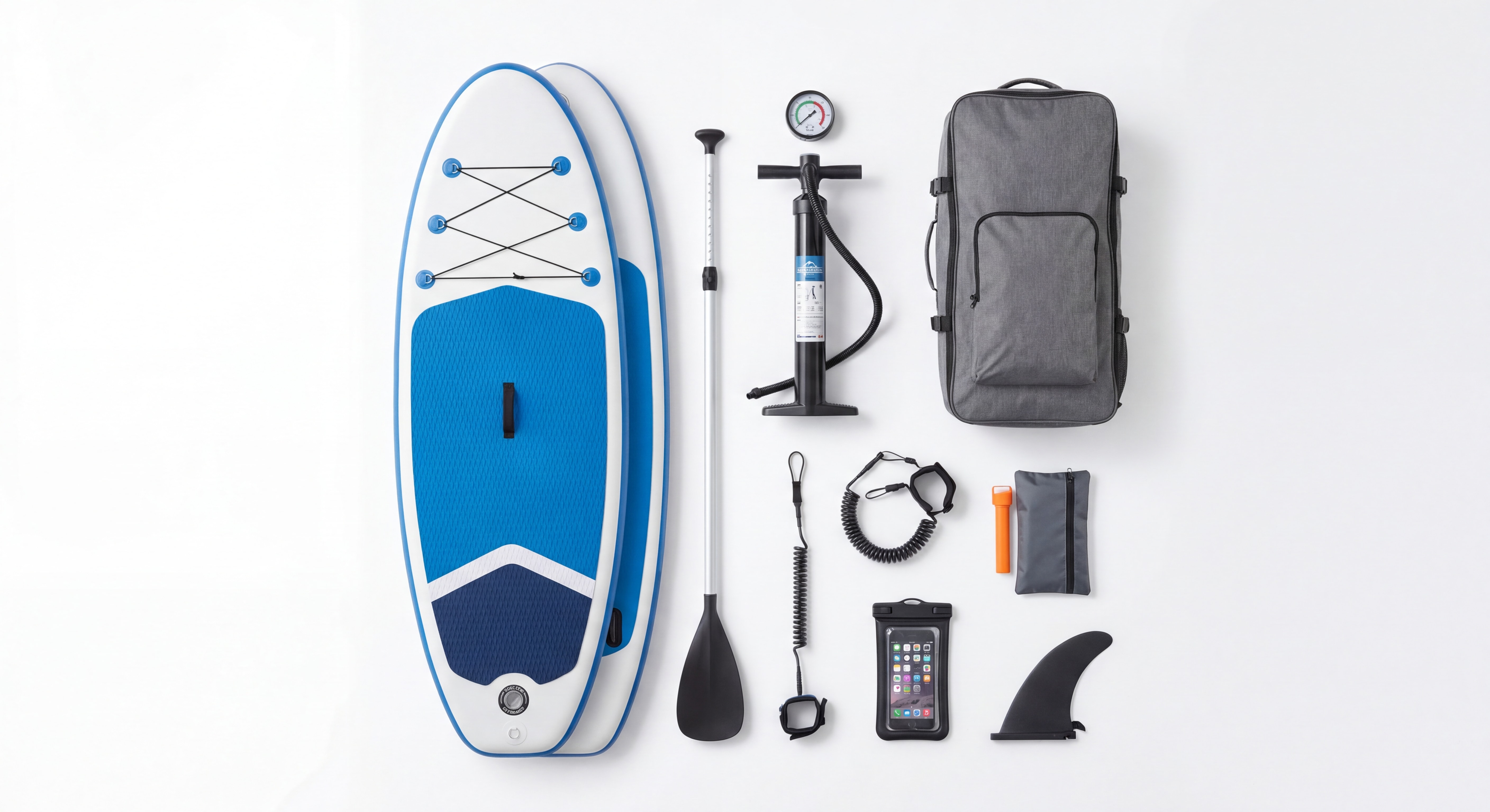 Pack complet d'une planche de paddle gonflable : planche, pagaie, pompe, sac de transport, leash, ailerons et pochette étanche