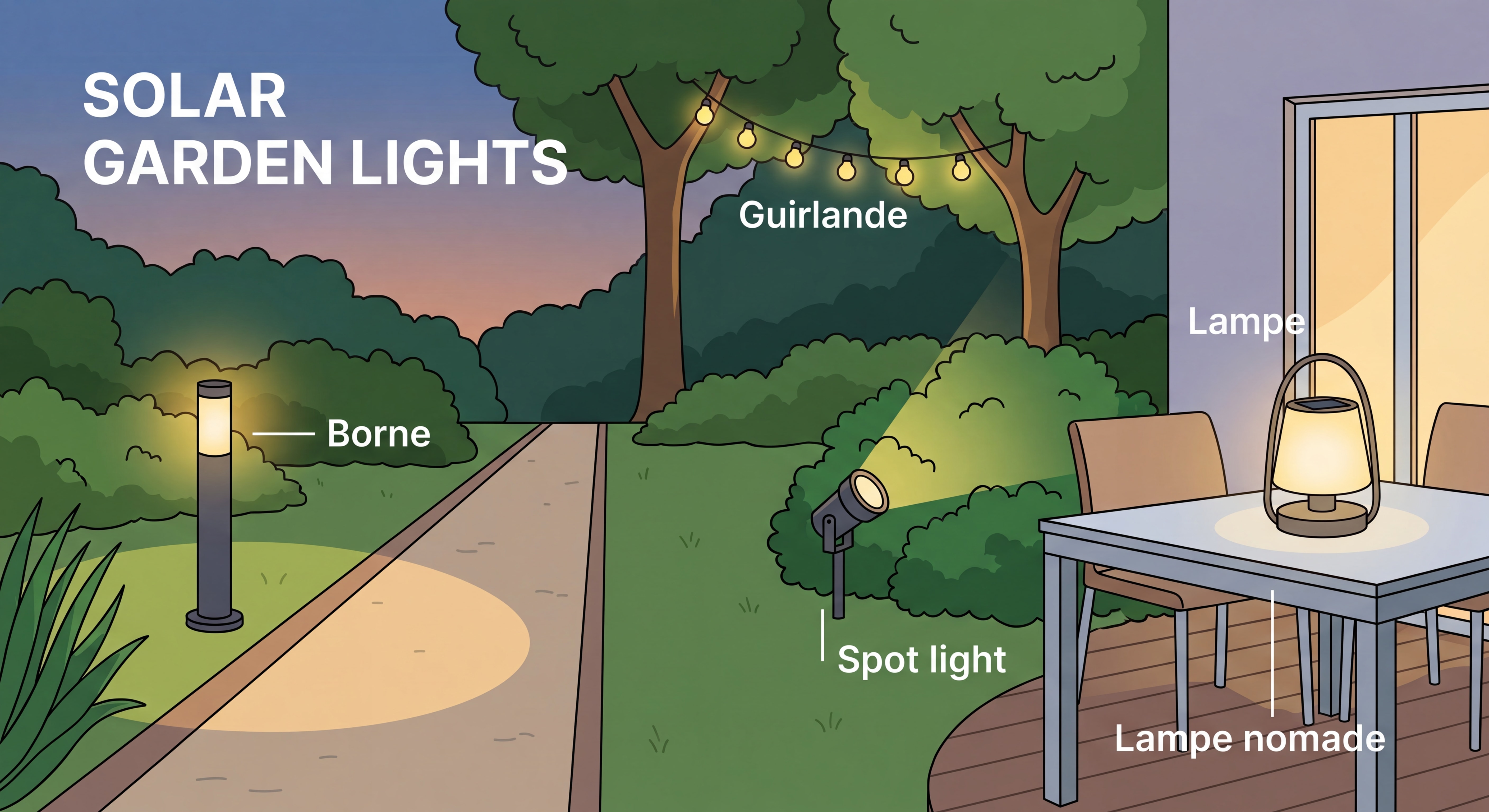 Différents types de lampes solaires de jardin : borne, guirlande, spot et lampe nomade disposés dans un jardin verdoyant