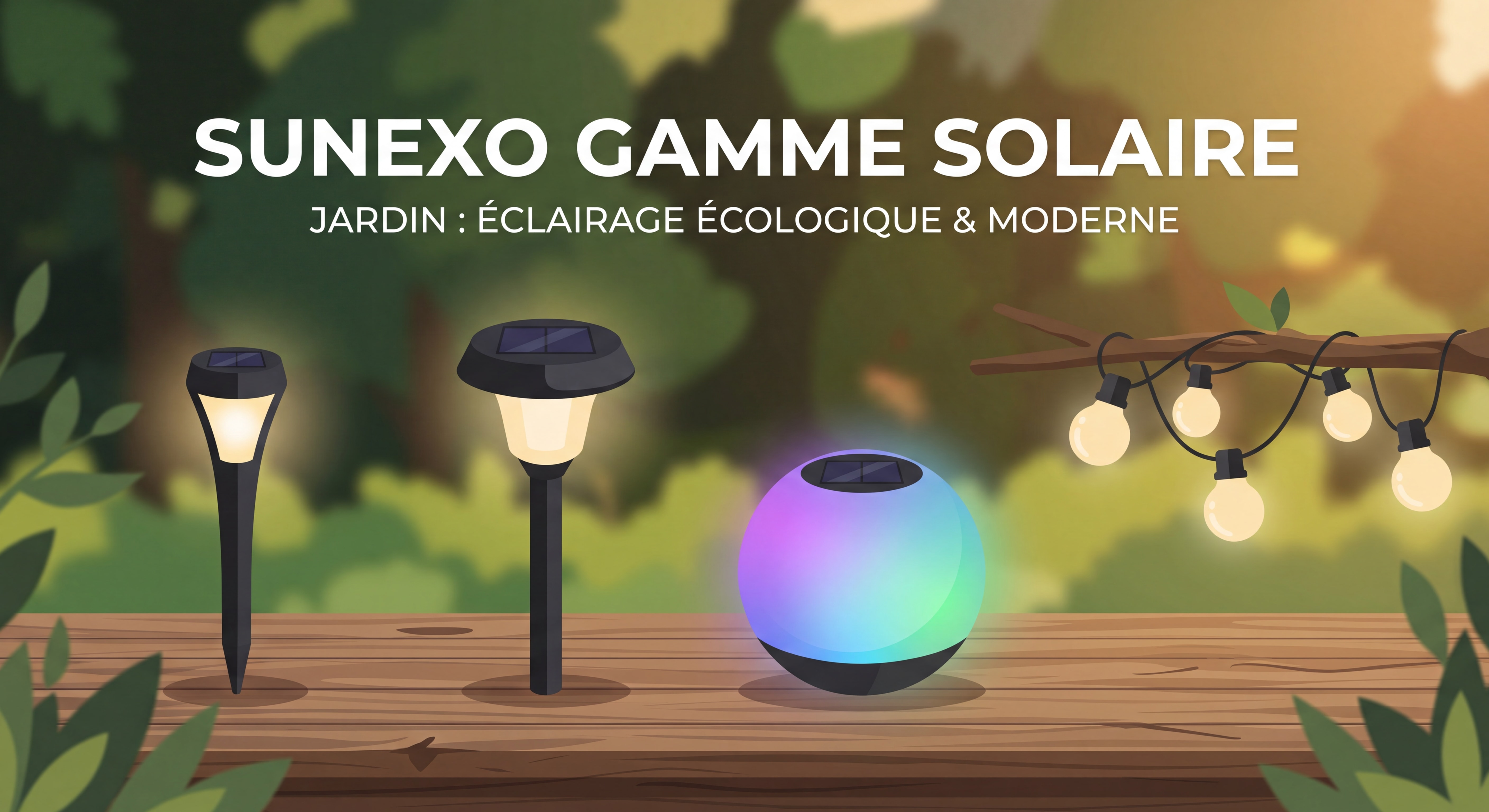 Gamme de lampes solaires Sunexo pour jardin : lampe 1W, 1.5W, RGB et guirlande G50 présentées sur fond naturel