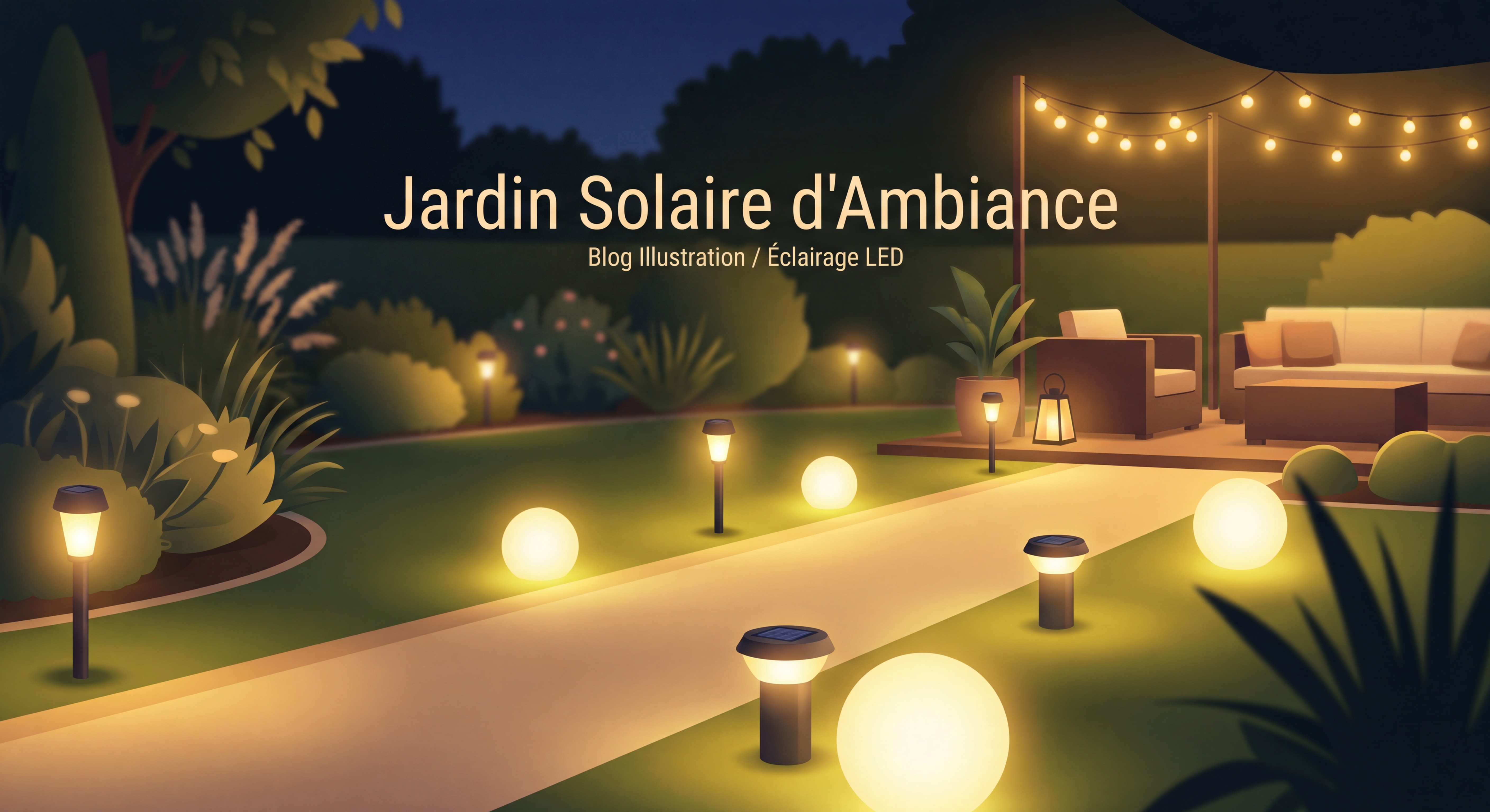 Jardin éclairé la nuit par des lampes solaires LED, ambiance chaleureuse et élégante