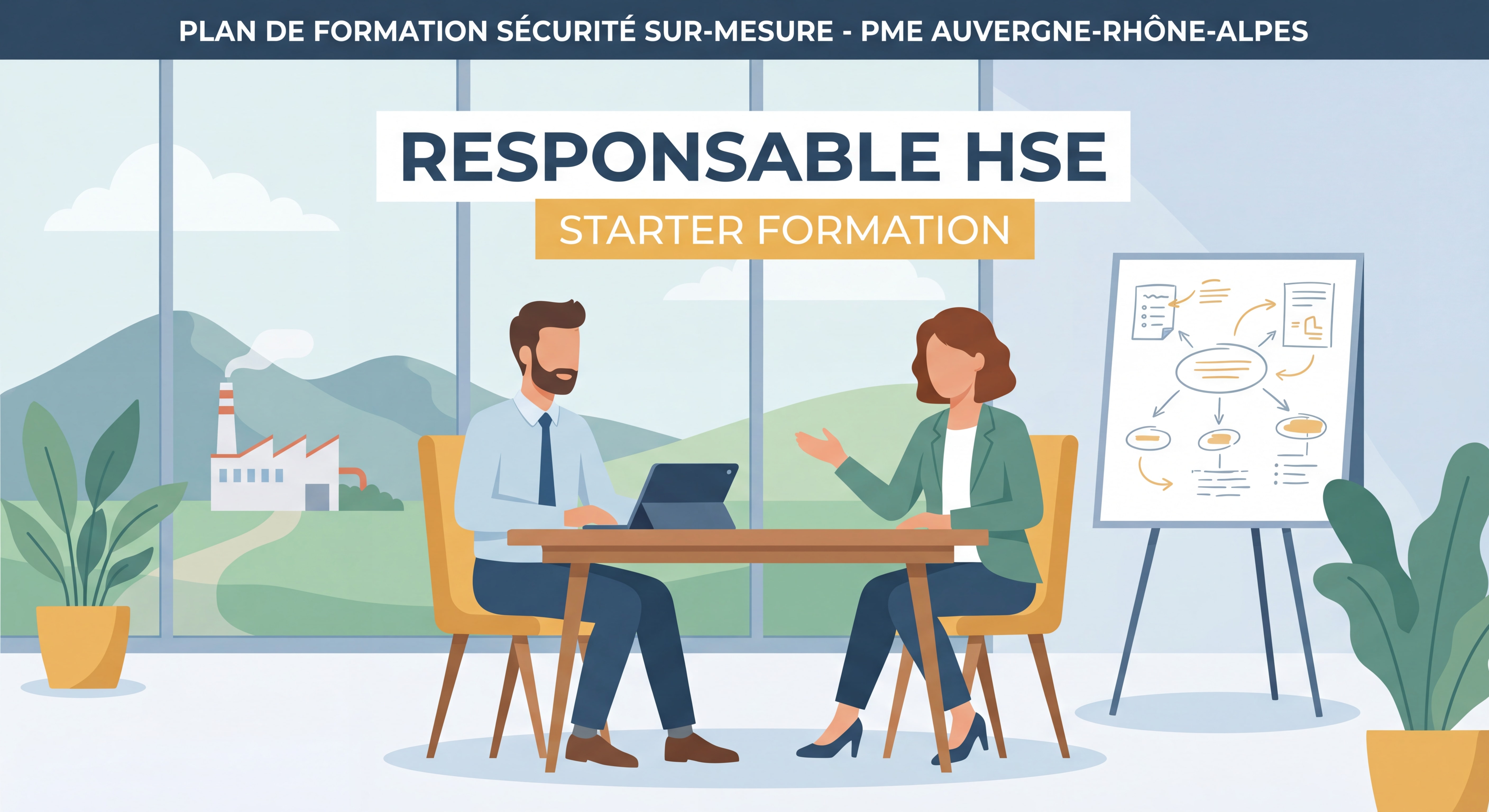 Responsable HSE et formateur Starter Formation discutant d'un plan de formation sécurité sur-mesure dans les locaux d'une PME en Auvergne-Rhône-Alpes