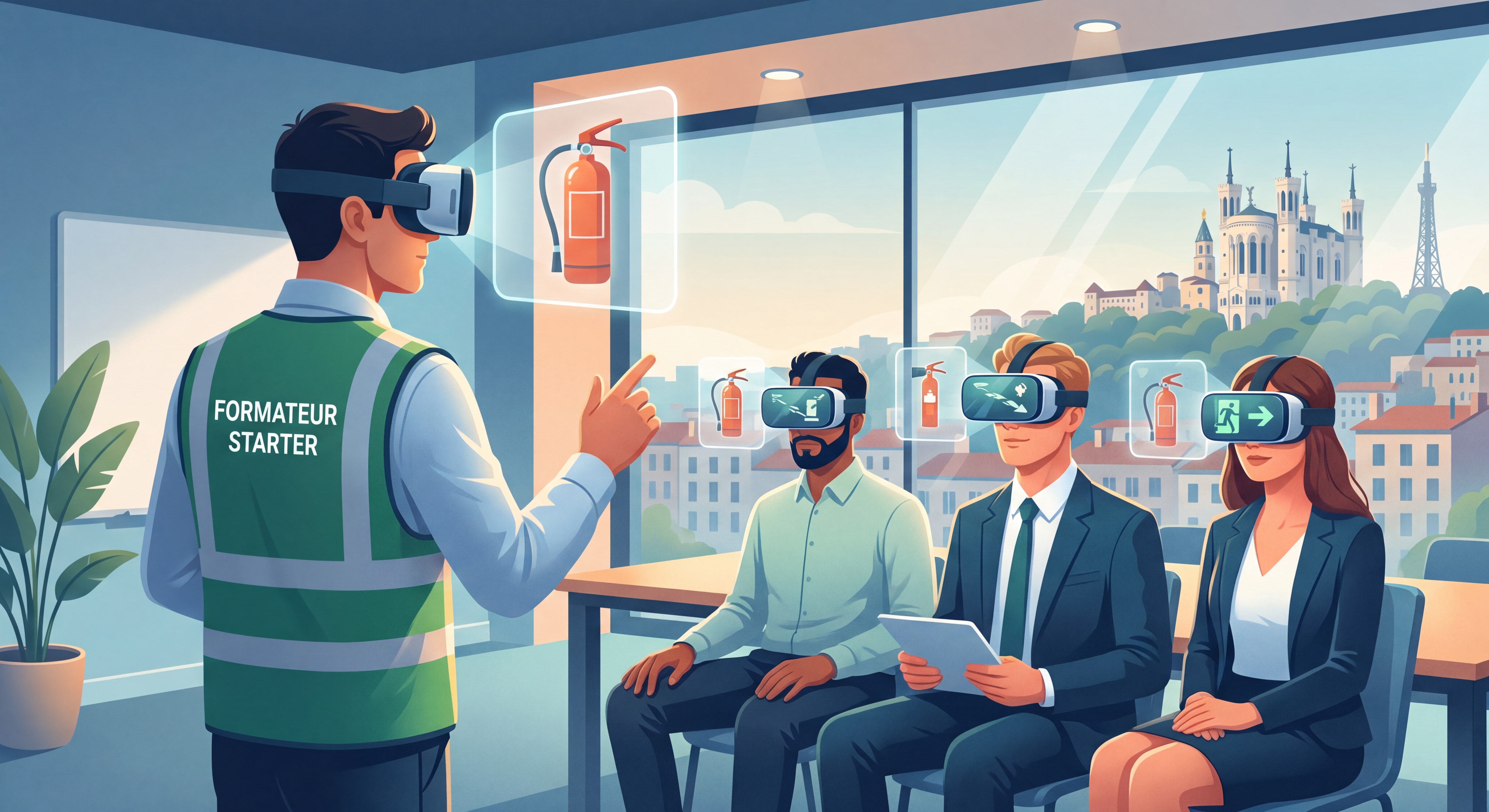 Formateur Starter Formation en réalité virtuelle avec des salariés lors d'une session de formation sécurité incendie en entreprise à Lyon